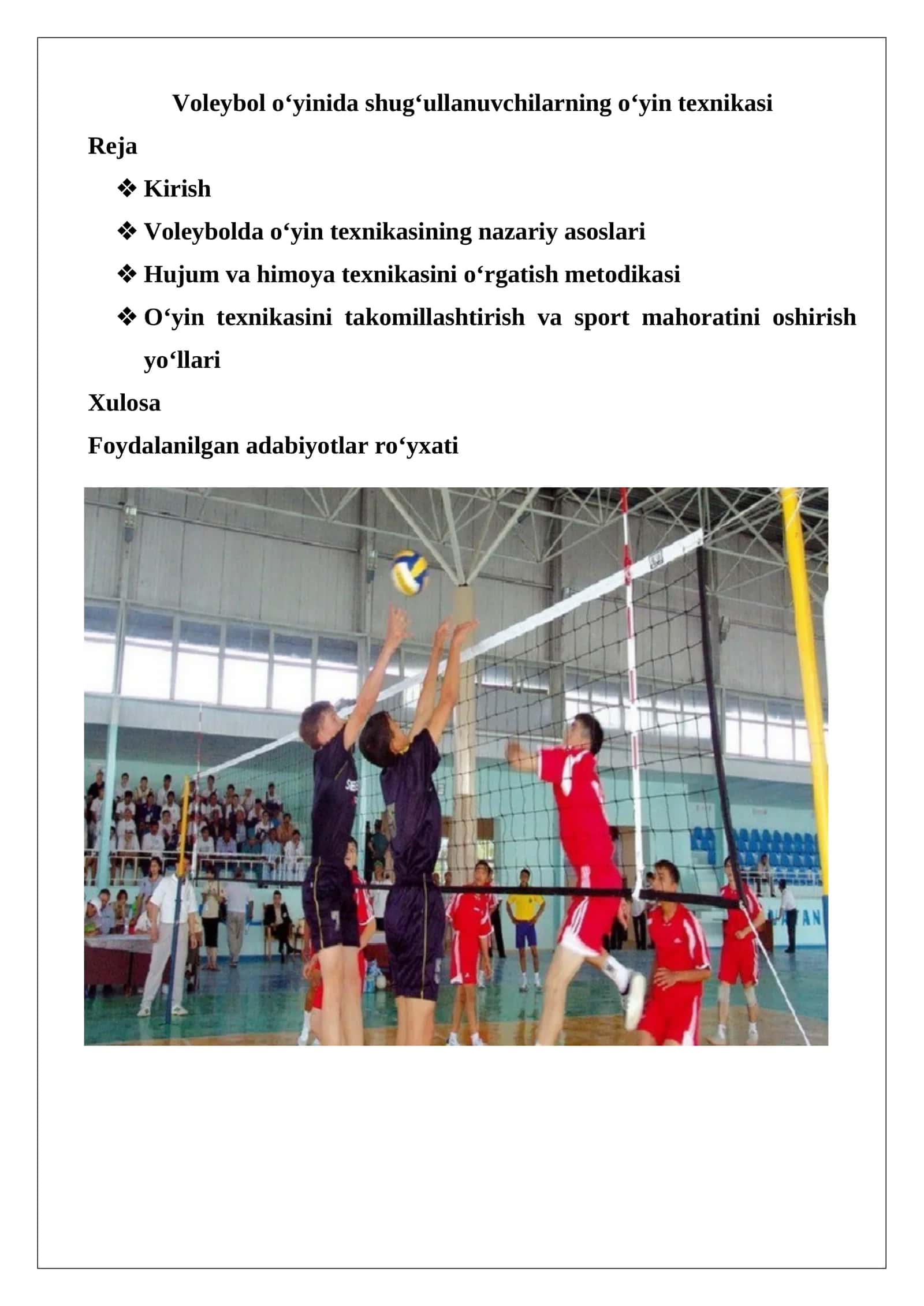 Voleybol o‘yinida shug‘ullanuvchilarning o‘yin texnikasi