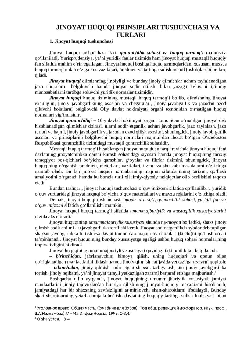 Jinoyat Huquqi Prinsiplari Tushunchasi va Turlari