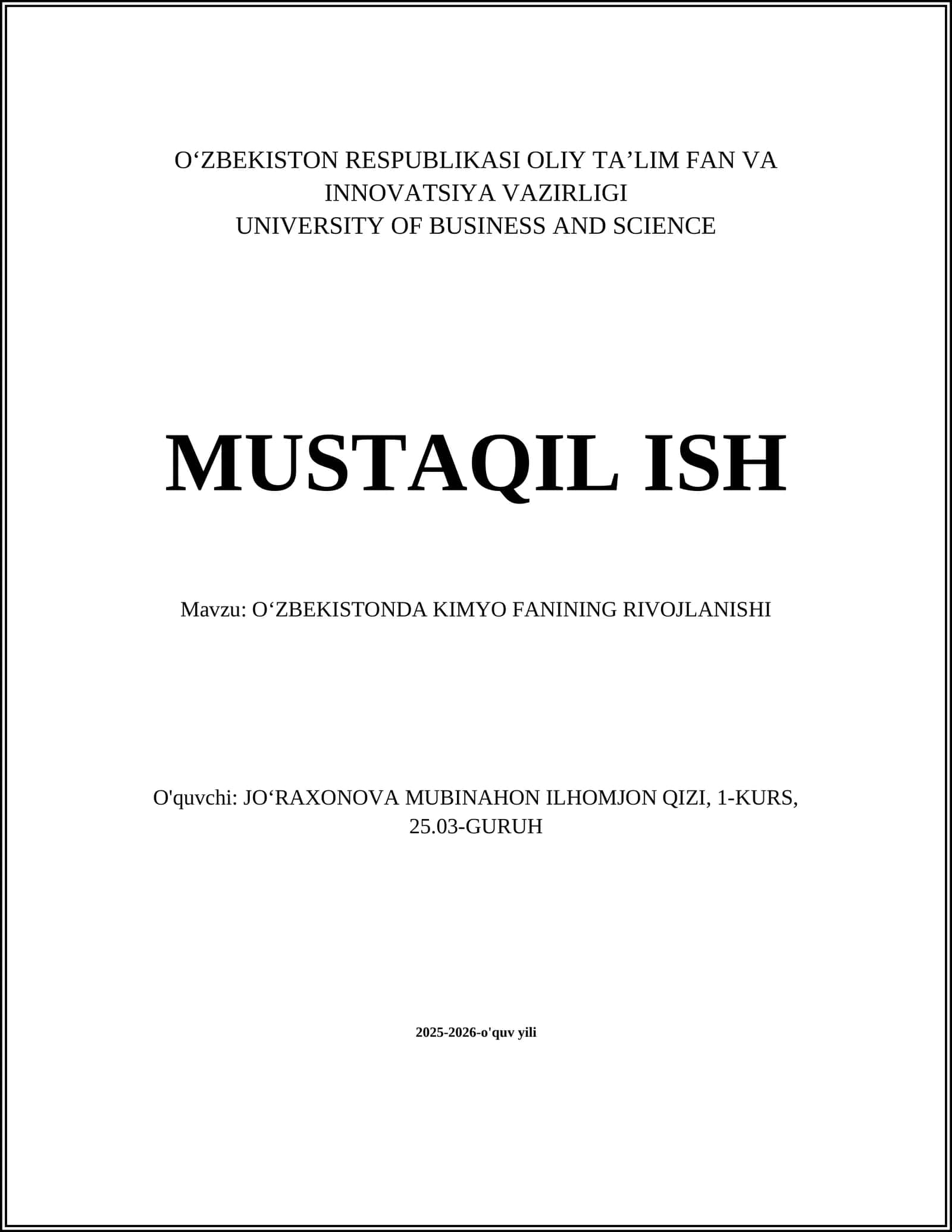 OʻZBEKISTONDA KIMYO FANINING RIVOJLANISHI