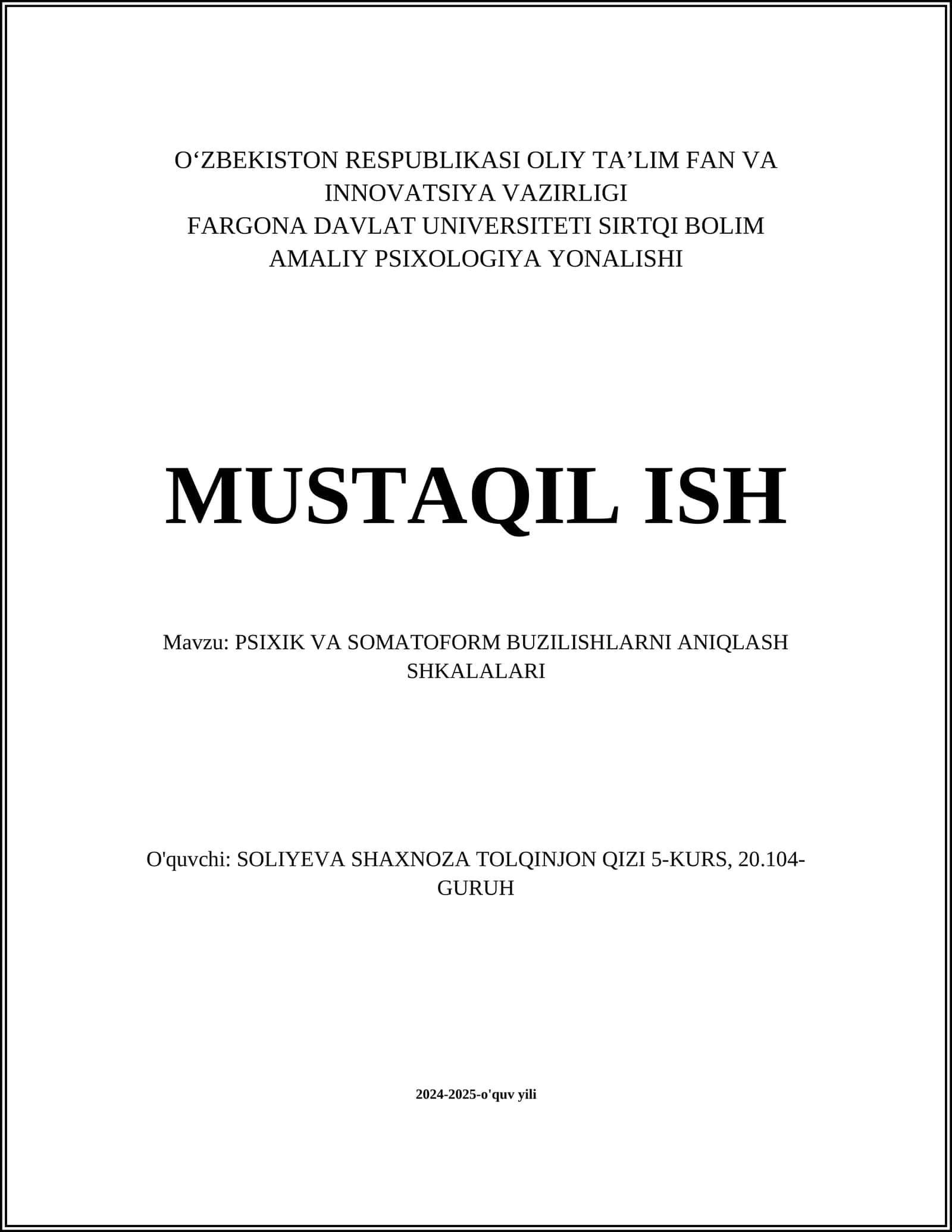 PSIXIK VA SOMATOFORM BUZILISHLARNI ANIQLASH SHKALALARI
