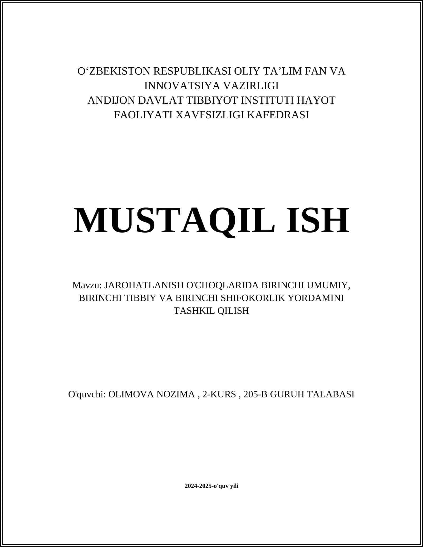 JAROHATLANISH O'CHOQLARIDA BIRINCHI UMUMIY, BIRINCHI TIBBIY VA BIRINCHI SHIFOKORLIK YORDAMINI TASHKIL QILISH