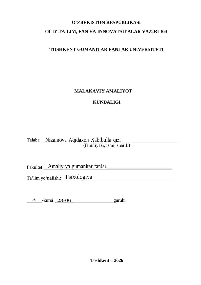 Maktabgacha ta'lim amaliyot kundaligi tayyor to'ldirilgan namuna