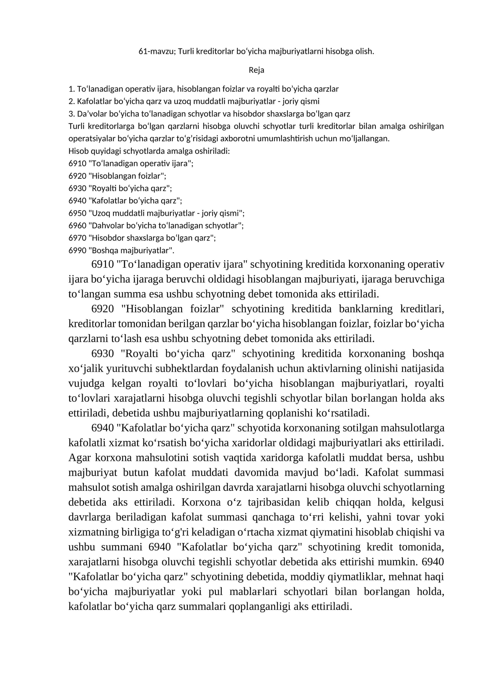 61-mavzu; Turli kreditorlar bo‘yicha majburiyatlarni hisobga olish