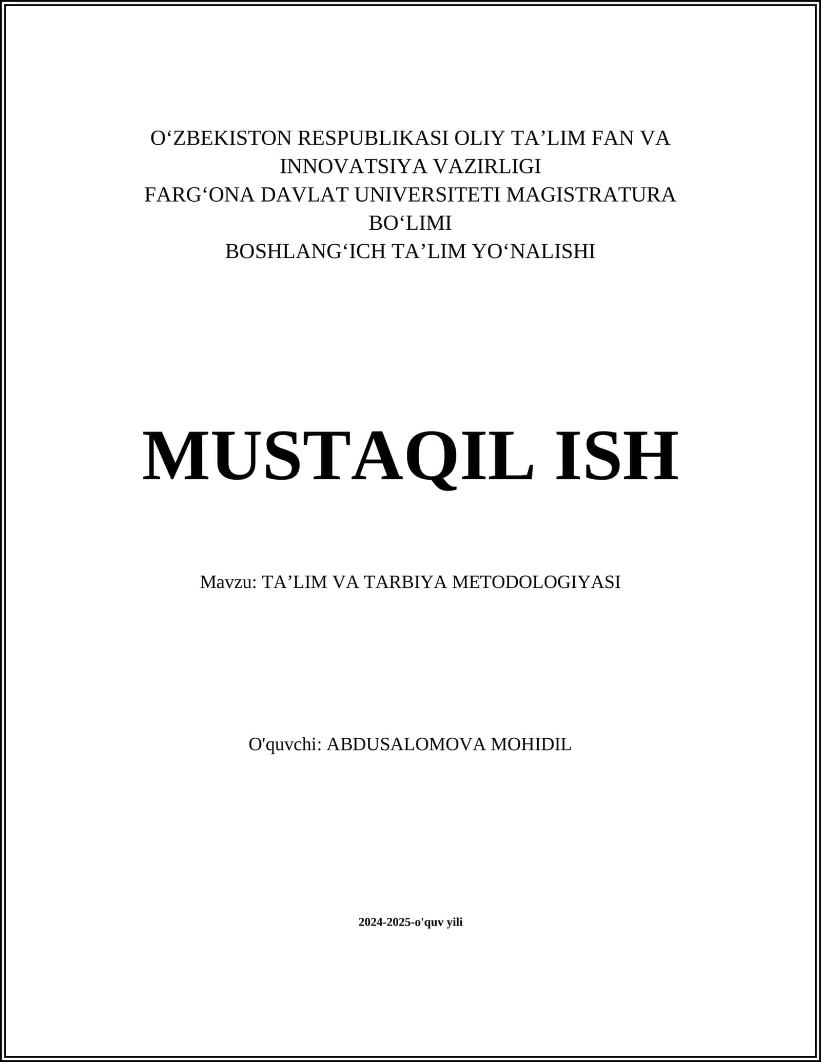 TAʼLIM VA TARBIYA METODOLOGIYASI