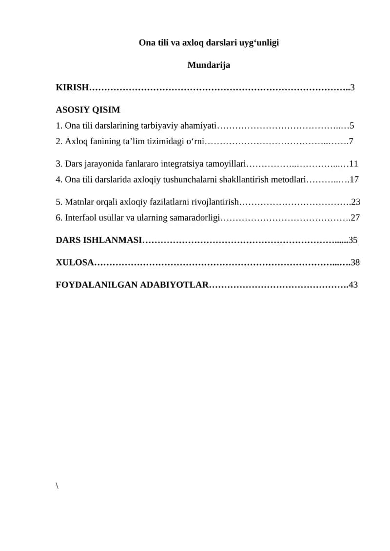 Ona tili va axloq darslari uyg'unligi