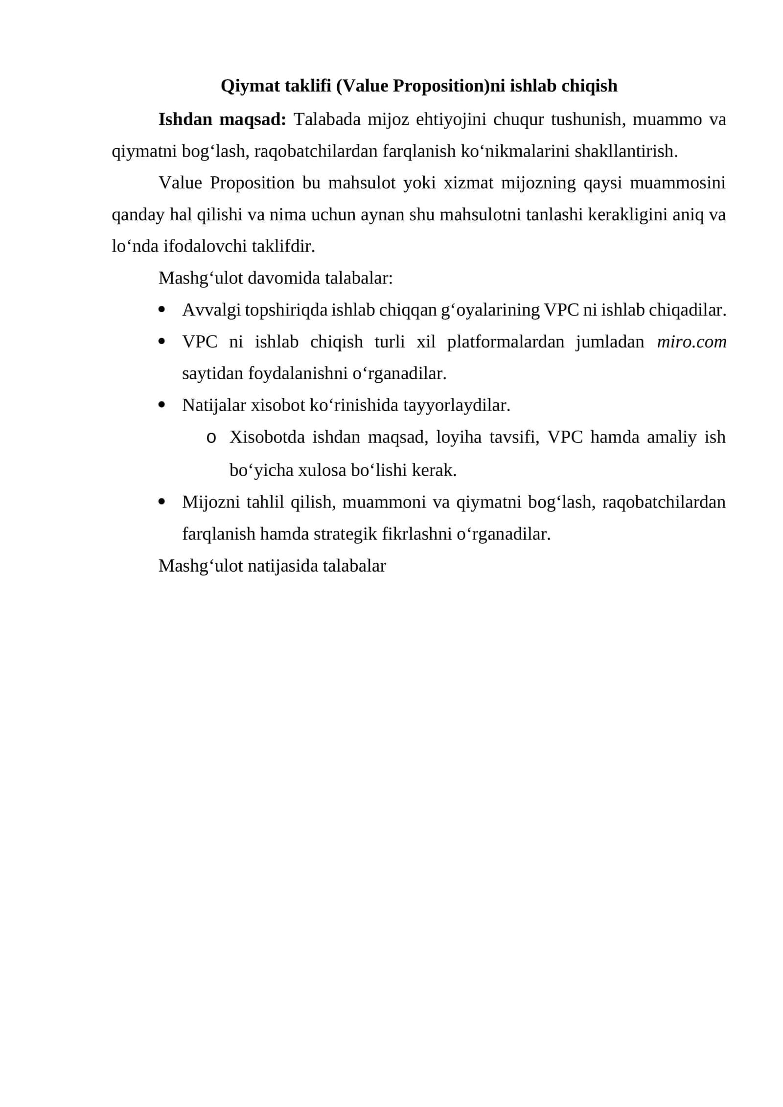Qiymat taklifi (Value Proposition)ni ishlab chiqish