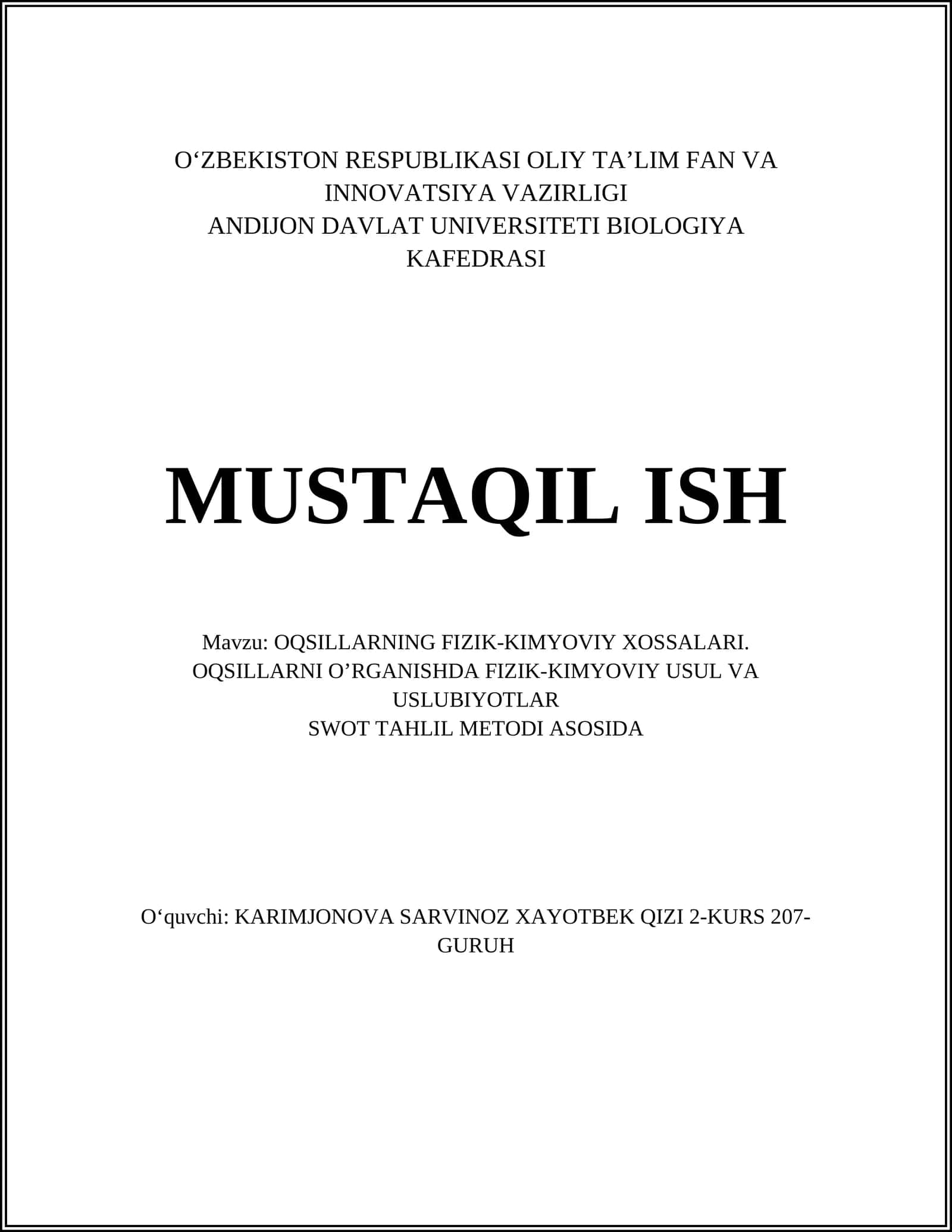 OQSILLARNING FIZIK-KIMYOVIY XOSSALARI