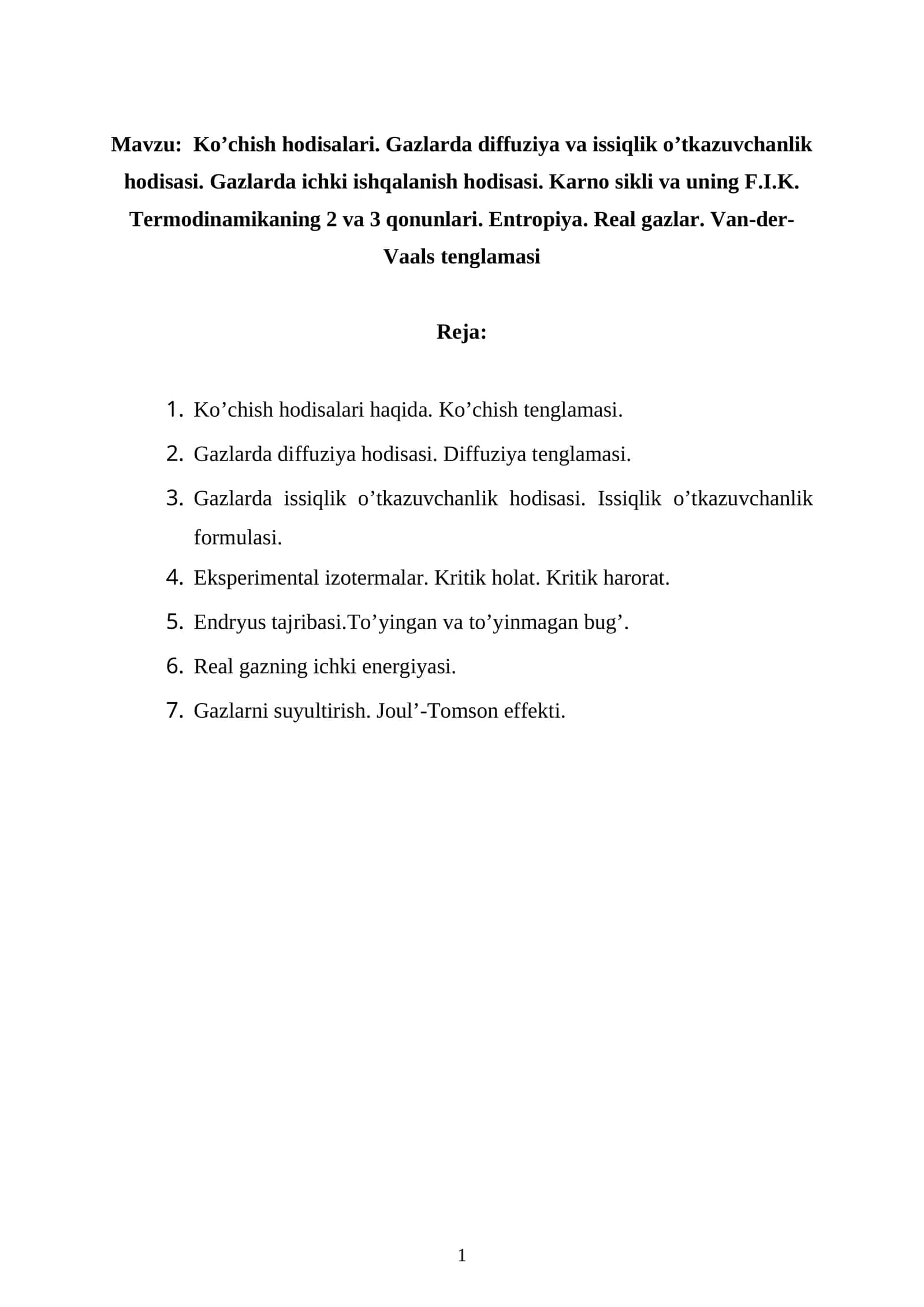 Ko’chish hodisalari va gazlar termodinamikasi