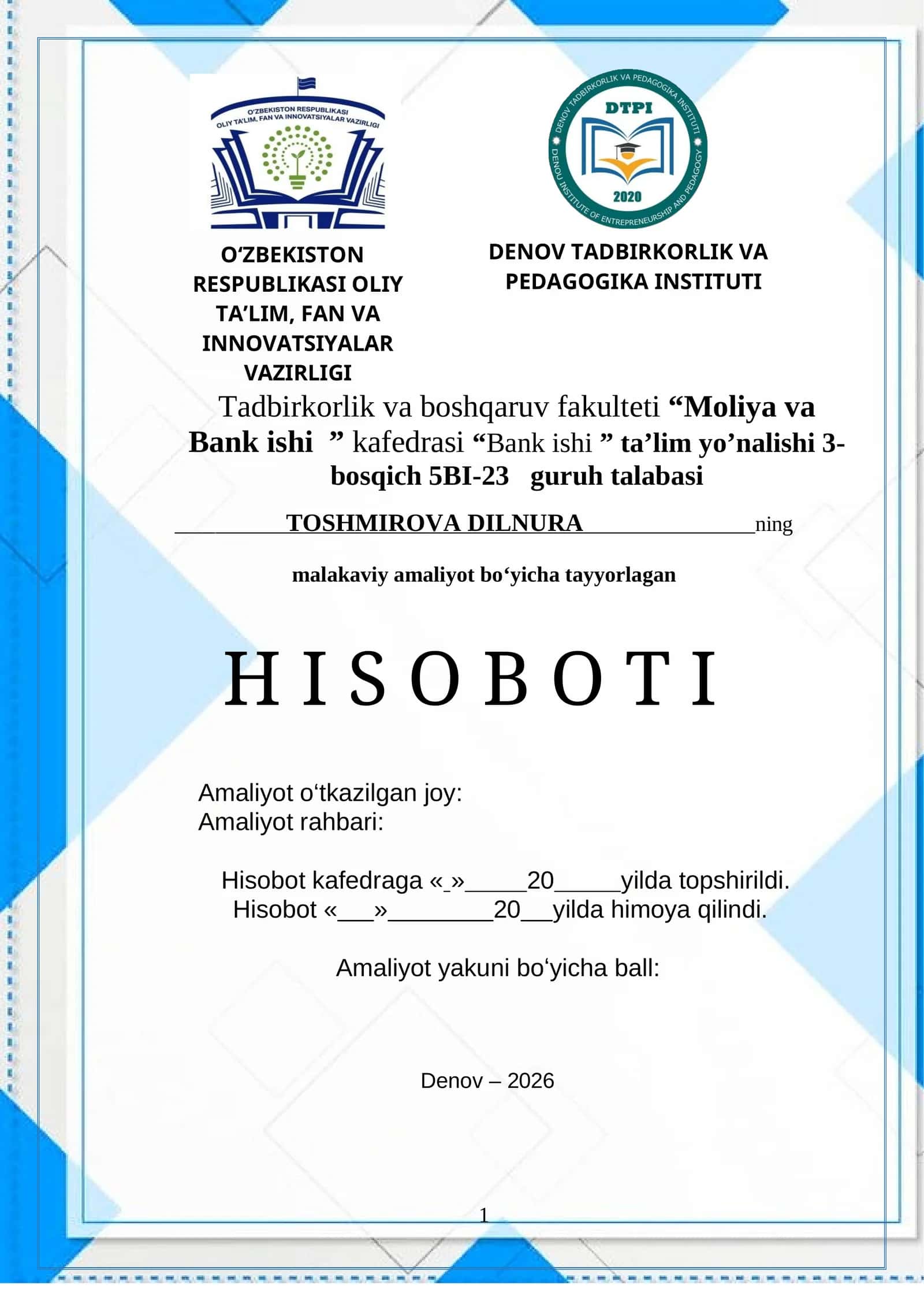 Trastbank XAB Termiz BXO filialining tashkiliy va faoliyati tuzilishi VA AMALYOT HISOBOTI