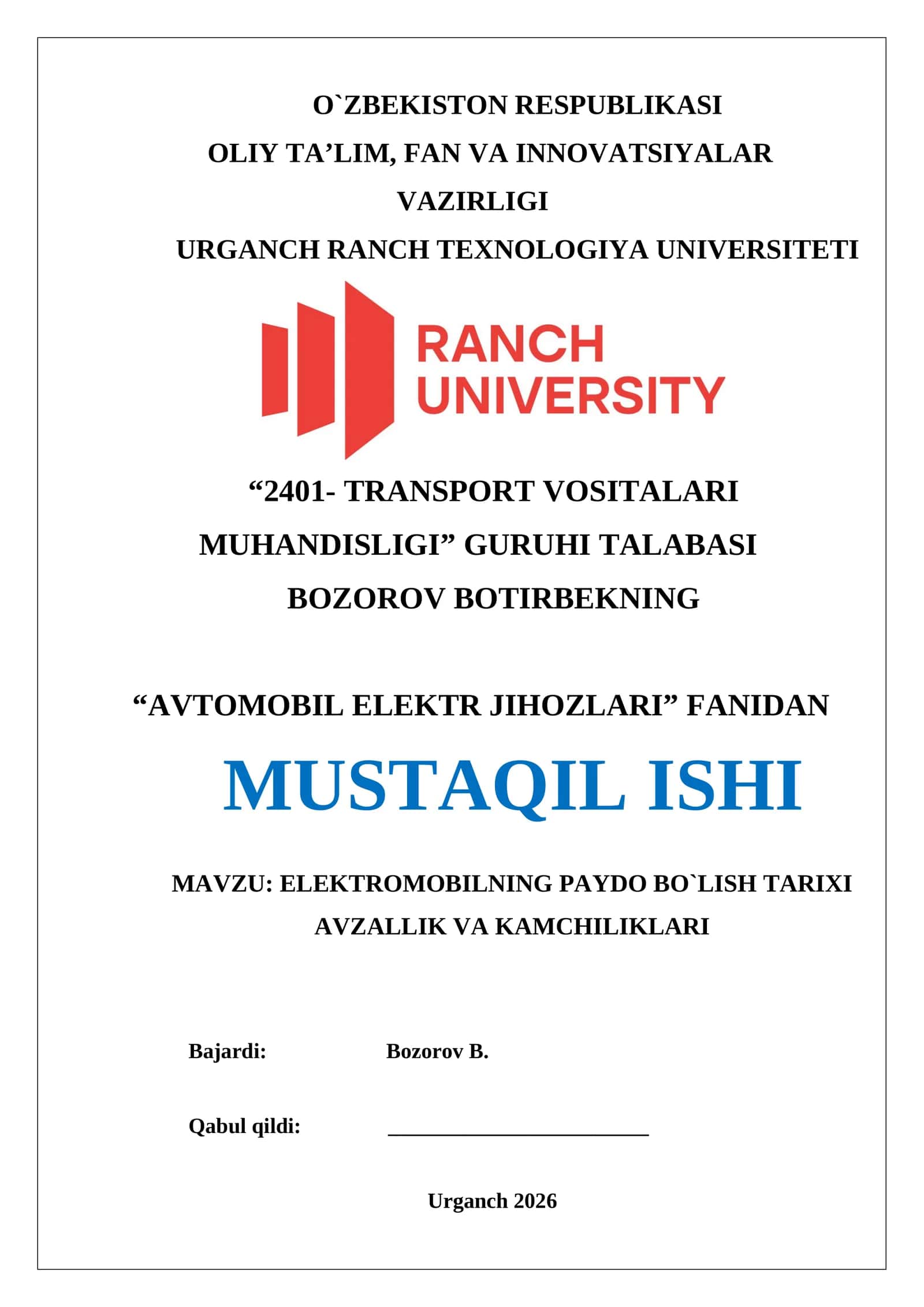 ELEKTROMOBILNING PAYDO BO`LISH TARIXI AVZALLIK VA KAMCHILIKLARI