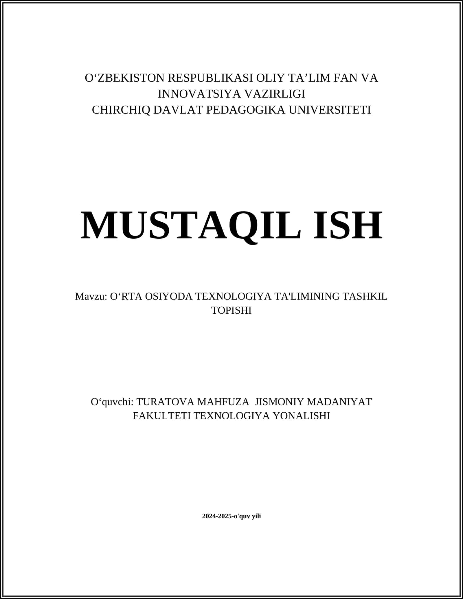 OʻRTA OSIYODA TEXNOLOGIYA TA'LIMINING TASHKIL TOPISHI