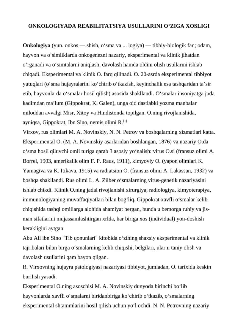 ONKOLOGIYADA REABILITATSIYA USULLARINI O‘ZIGA XOSLIGI
