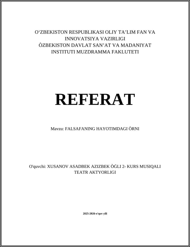 FALSAFANING HAYOTIMDAGI ÒRNI