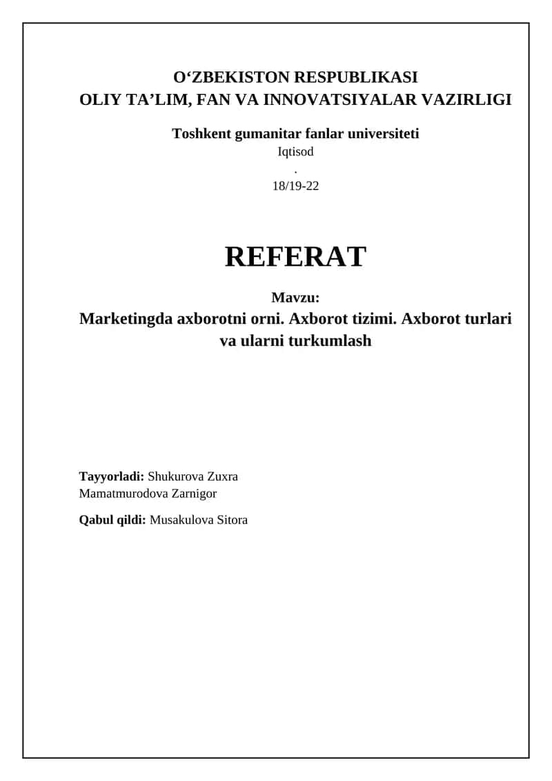 Marketingda axborotning roli va axborot tizimlari