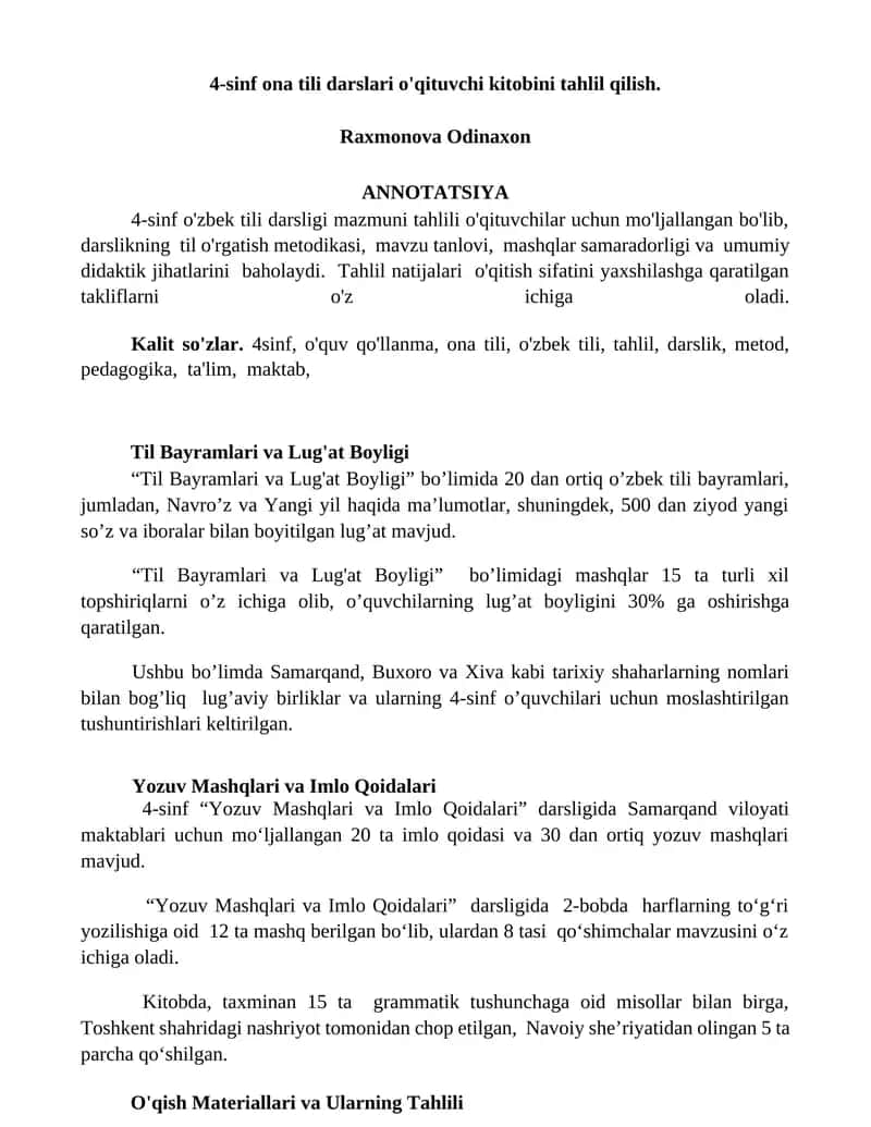 4-sinf ona tili darslari o'qituvchi kitobi