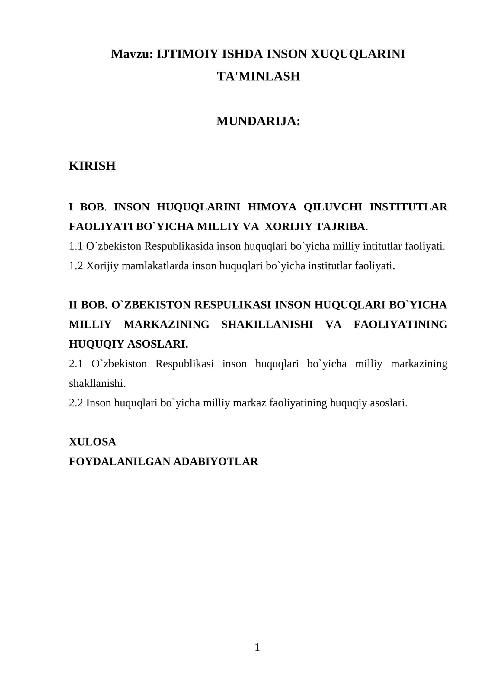 IJTIMOIY ISHDA INSON XUQUQLARINI TA'MINLASH