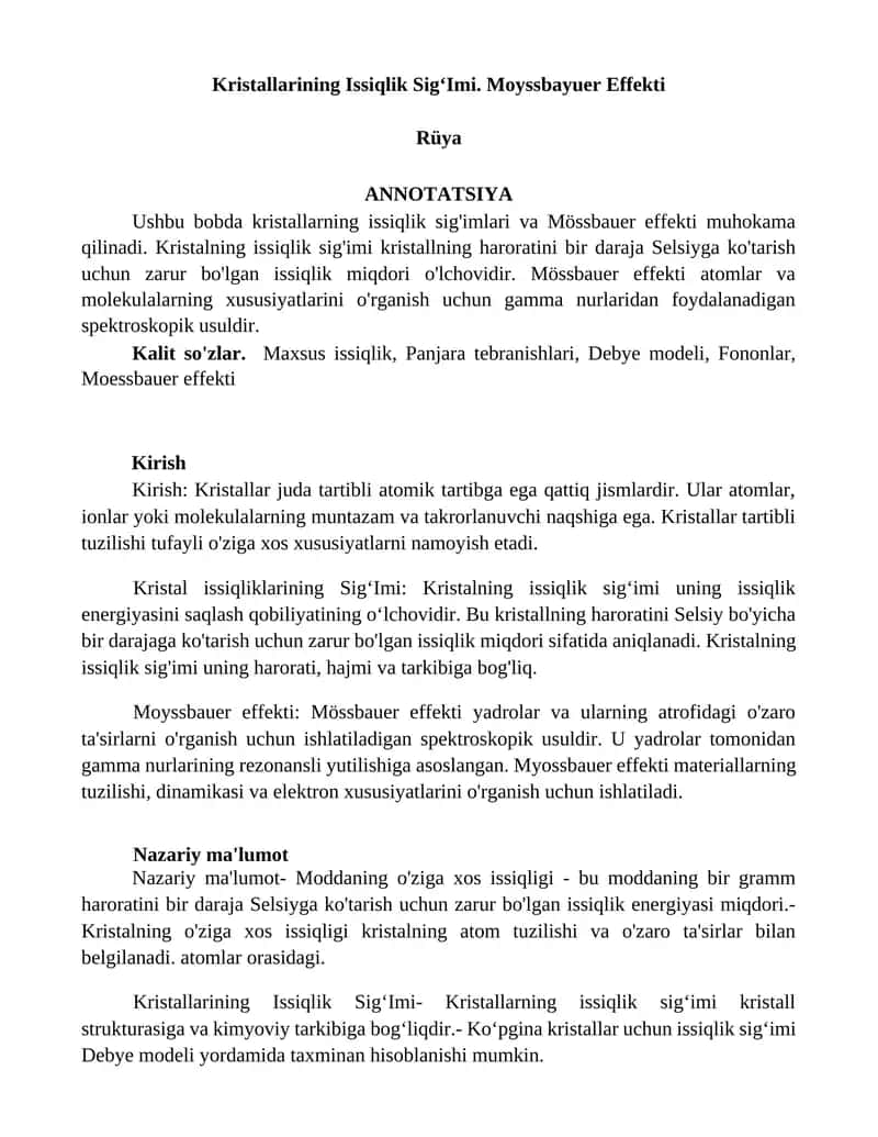 Kristallarining Issiqlik SigʻImi. Moyssbayuer Effekti