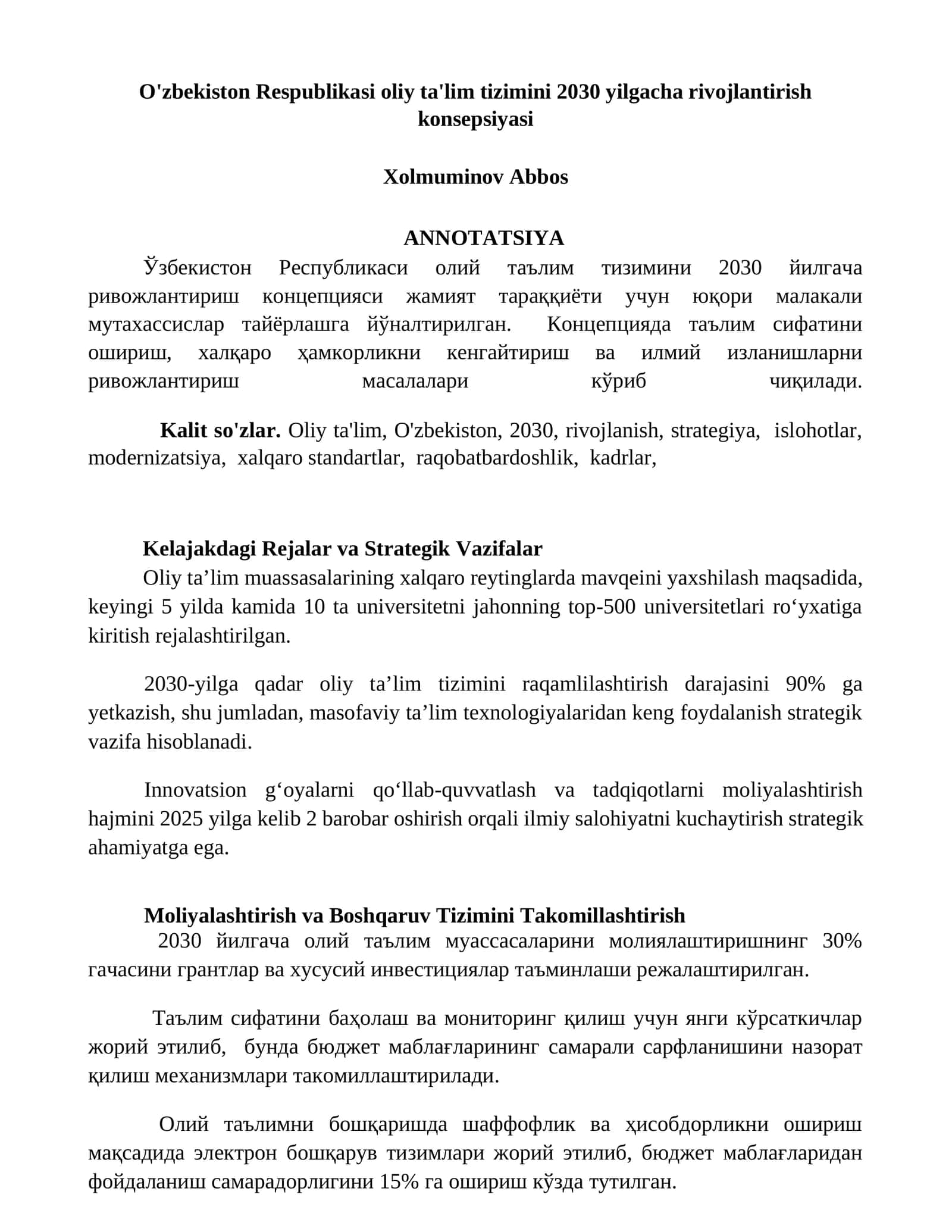 O'zbekiston Respublikasi oliy ta'lim tizimini 2030 yilgacha rivojlantirish konsepsiyasi