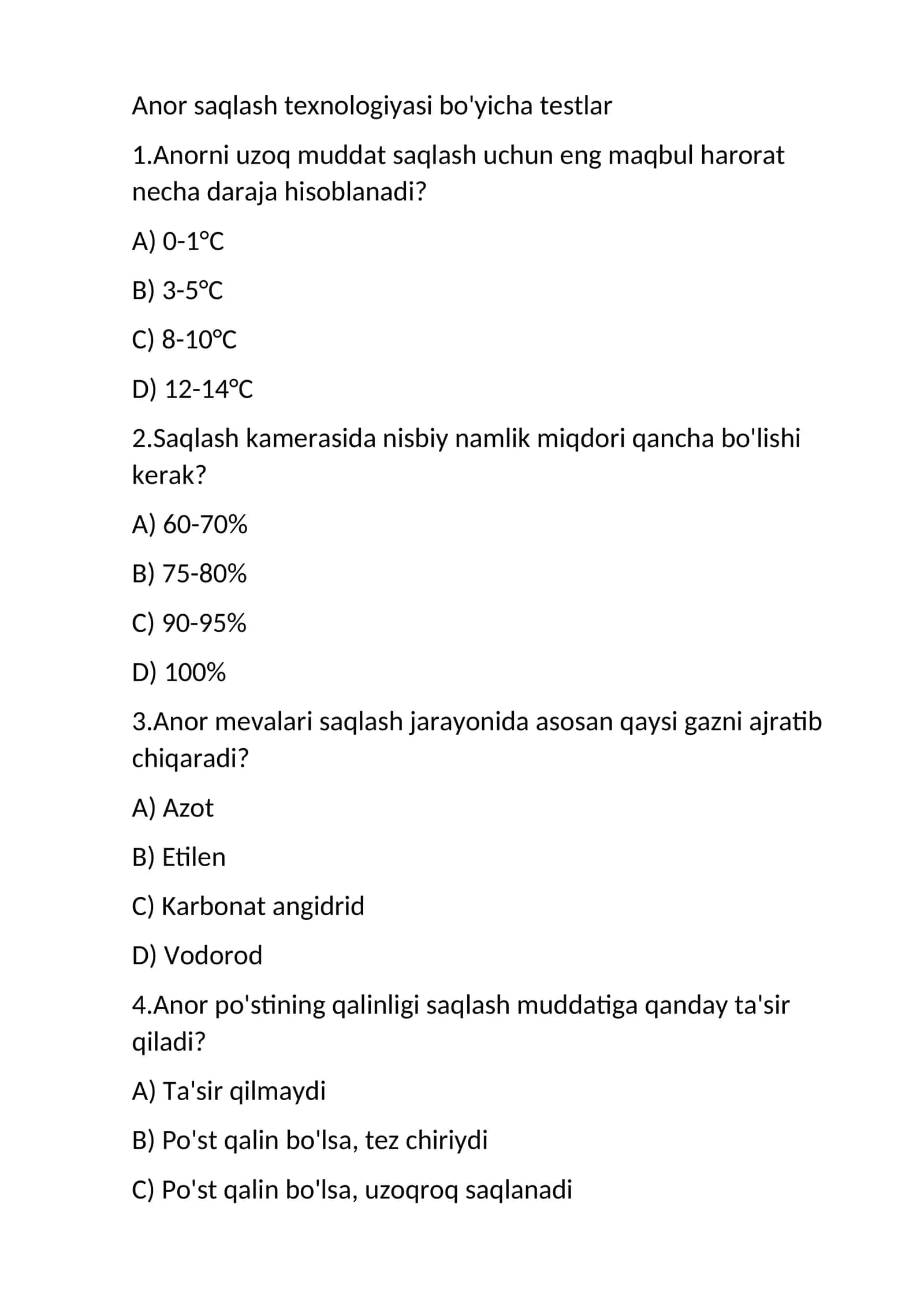 anor saqlash texnalogiyasiboyicha test
