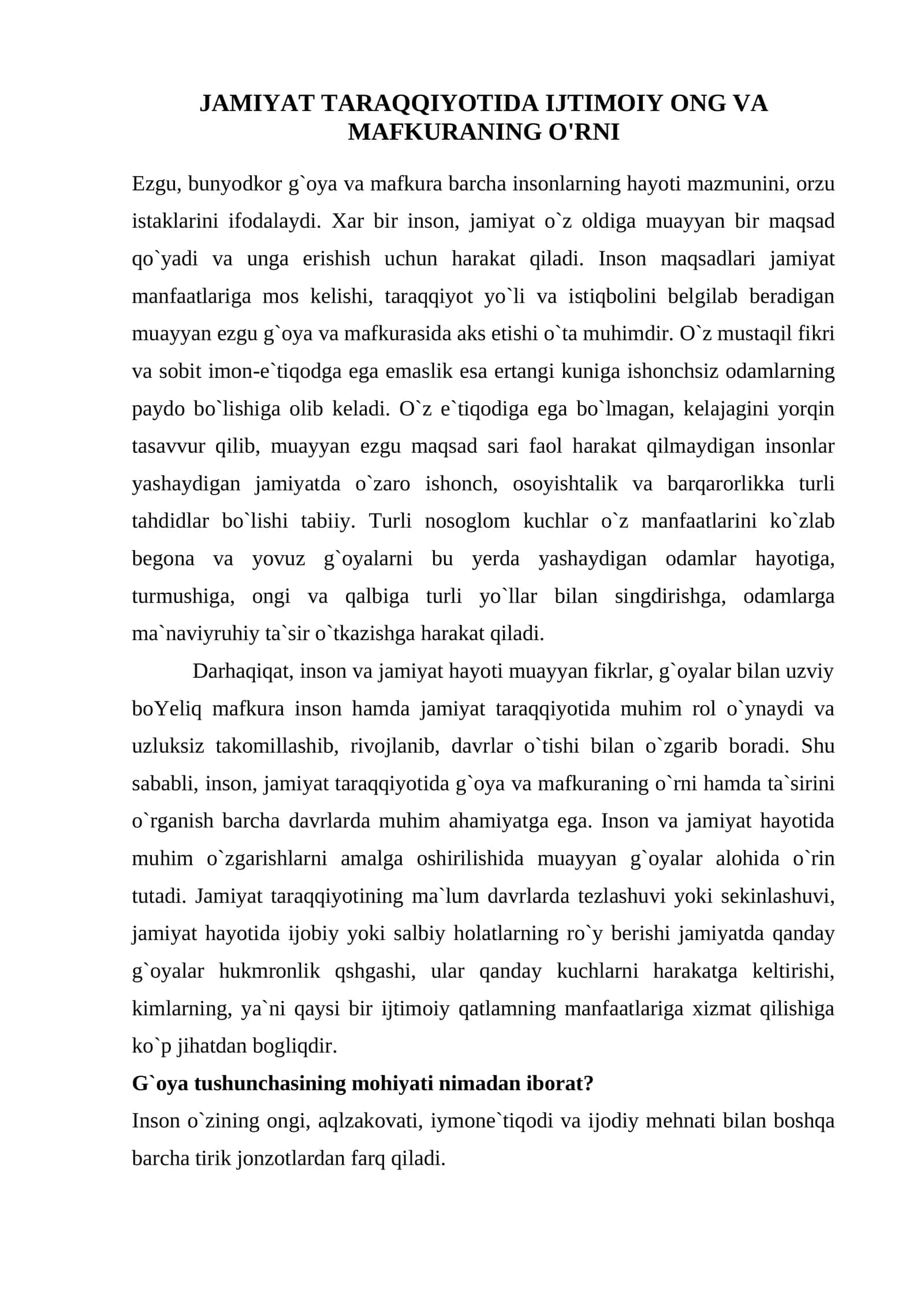 JAMIYAT TARAQQIYOTIDA IJTIMOIY ONG VA MAFKURANING O'RNI