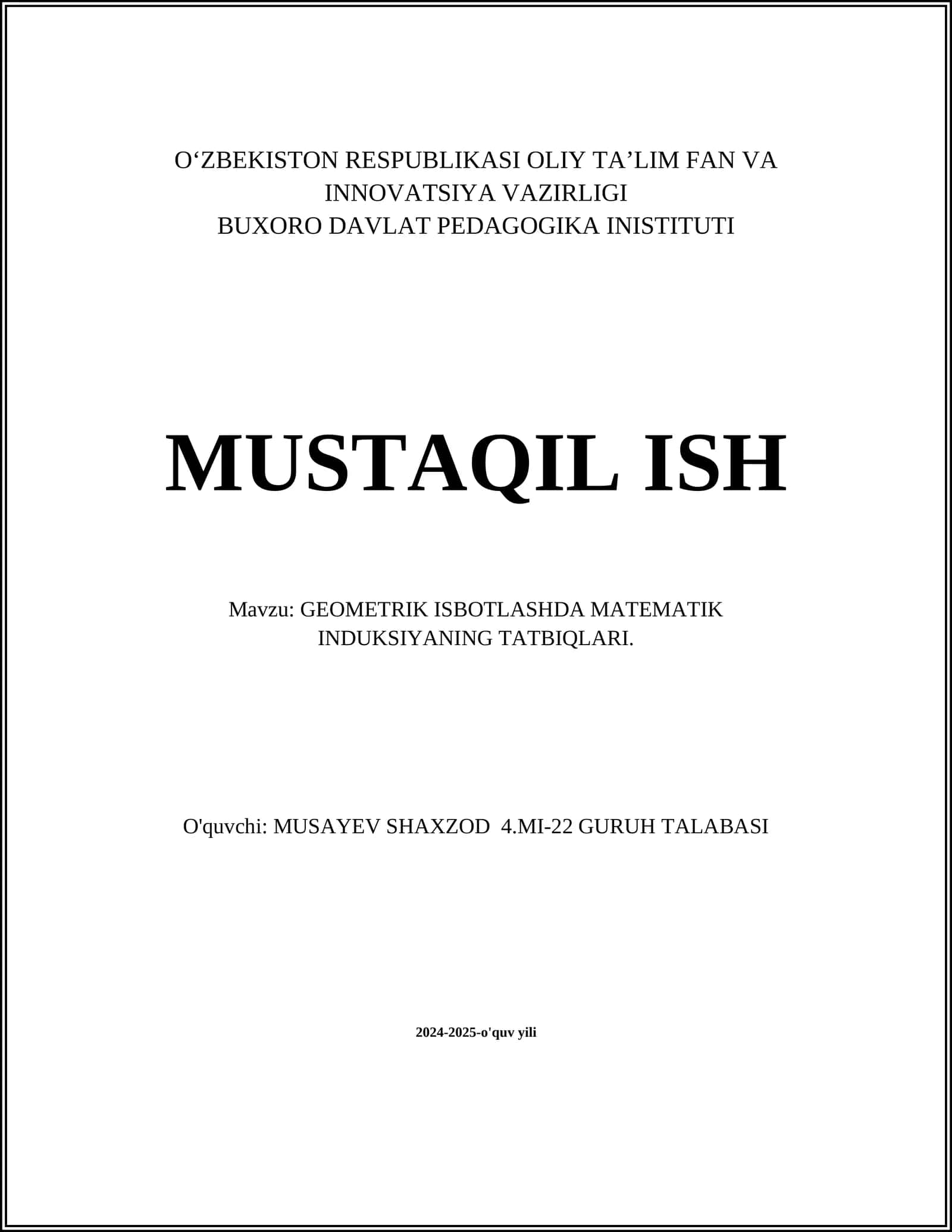 GEOMETRIK ISBOTLASHDA MATEMATIK INDUKSIYANING TATBIQLARI