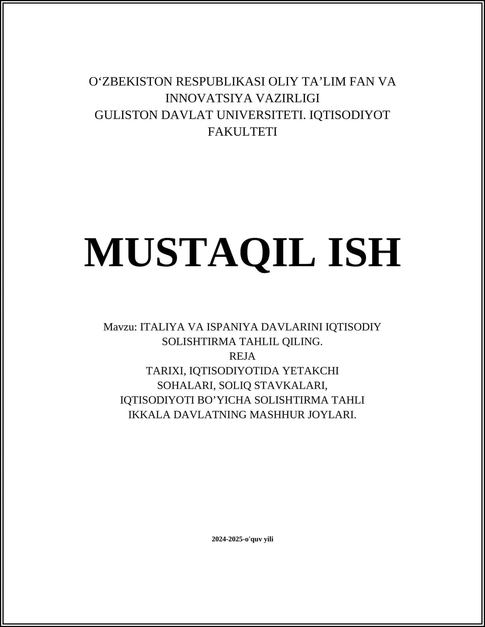 ITALIYA VA ISPANIYA DAVLARINI IQTISODIY SOLISHTIRMA TAHLIL QILING