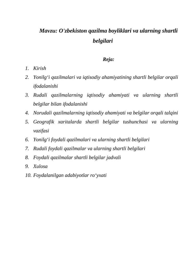 O'zbekiston qazilma boyliklari va ularning shartli belgilari