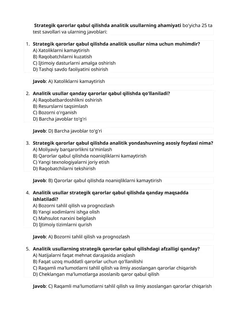 Strategik qarorlar qabul qilishda analitik usullar