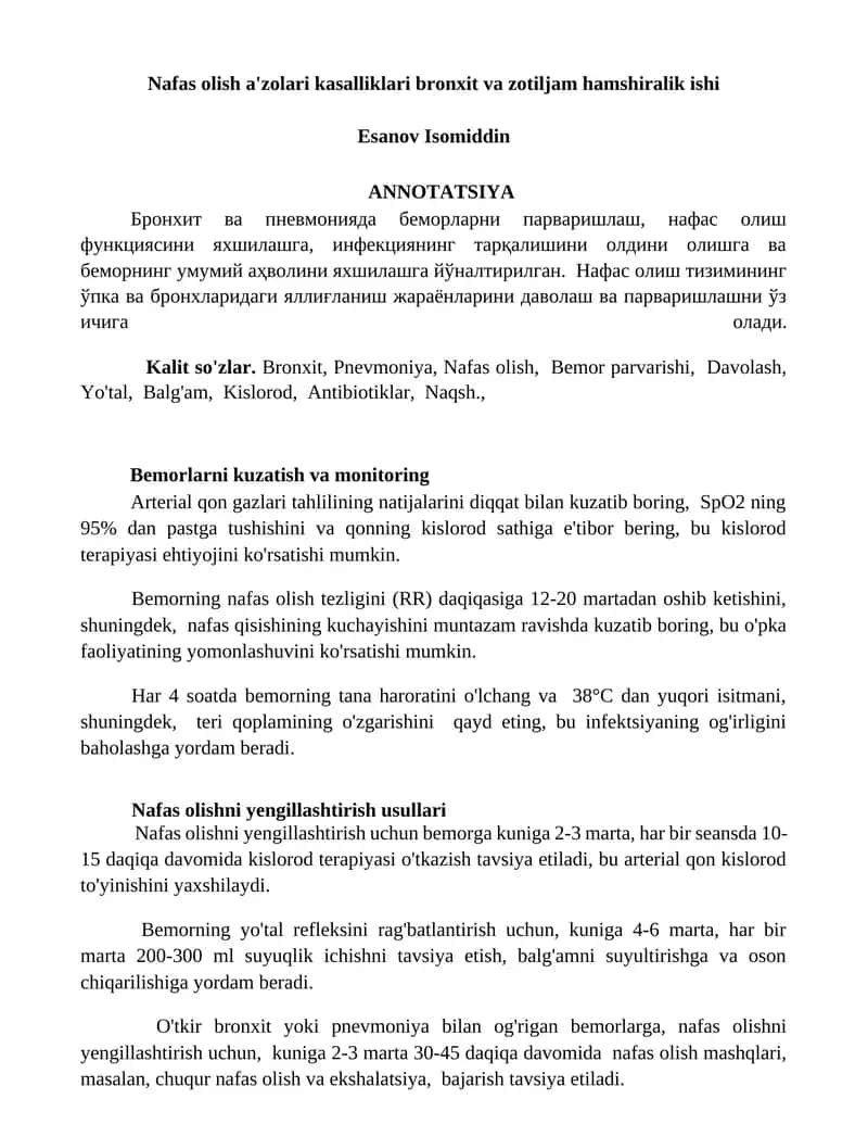 Nafas olish a'zolari kasalliklari bronxit va zotiljam hamshiralik ishi