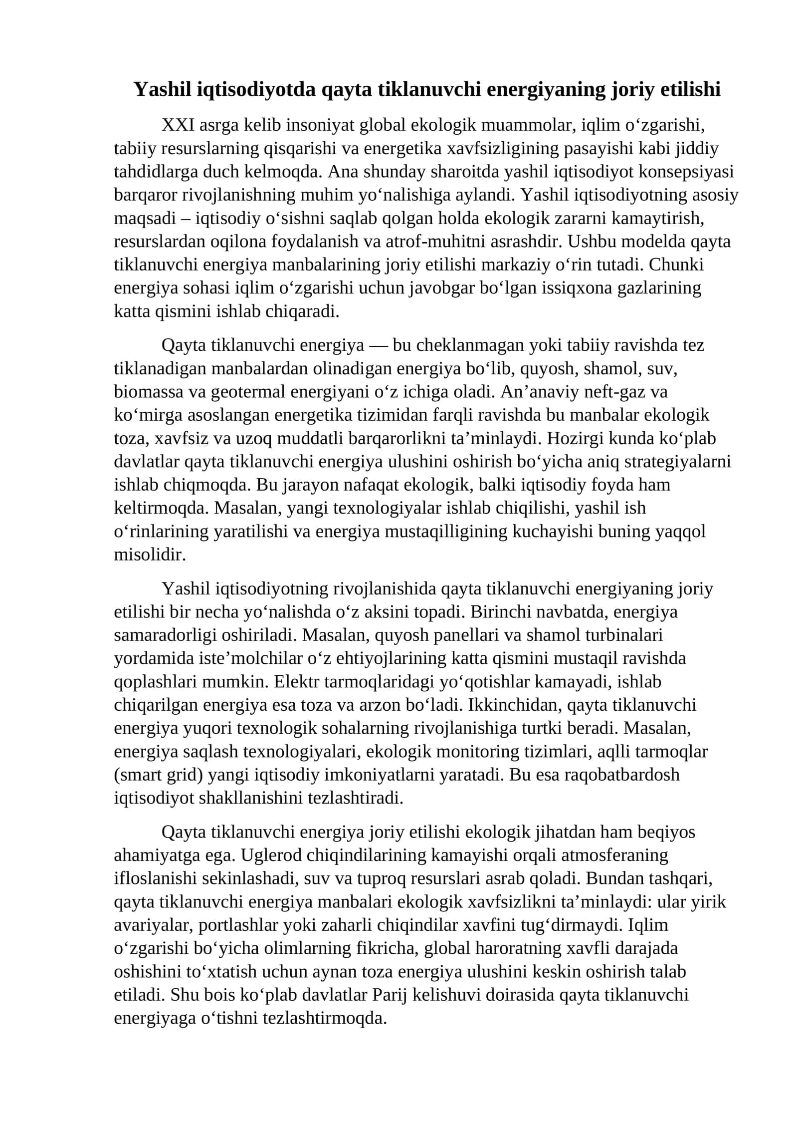 Yashil iqtisodiyotda qayta tiklanuvchi energiyaning joriy etilishi