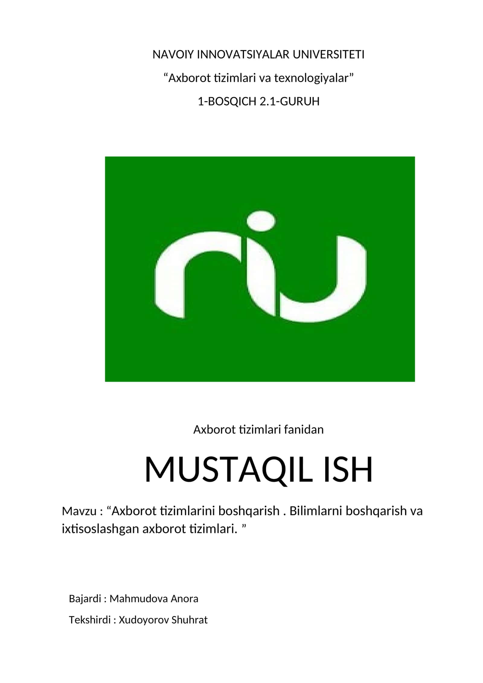 "Axborot tizimlari va texnologiyalar"