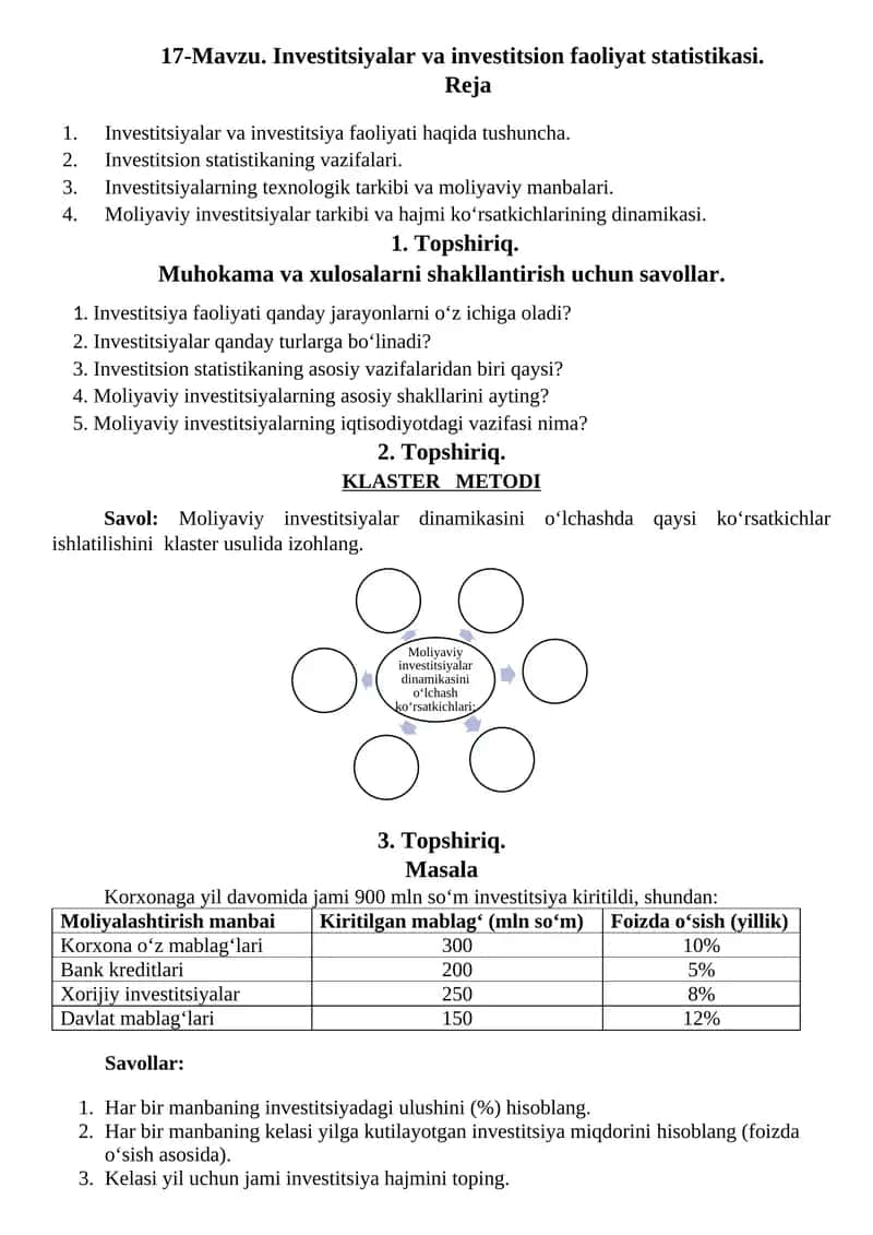 Investitsiyalar va investitsion faoliyat statistikasi