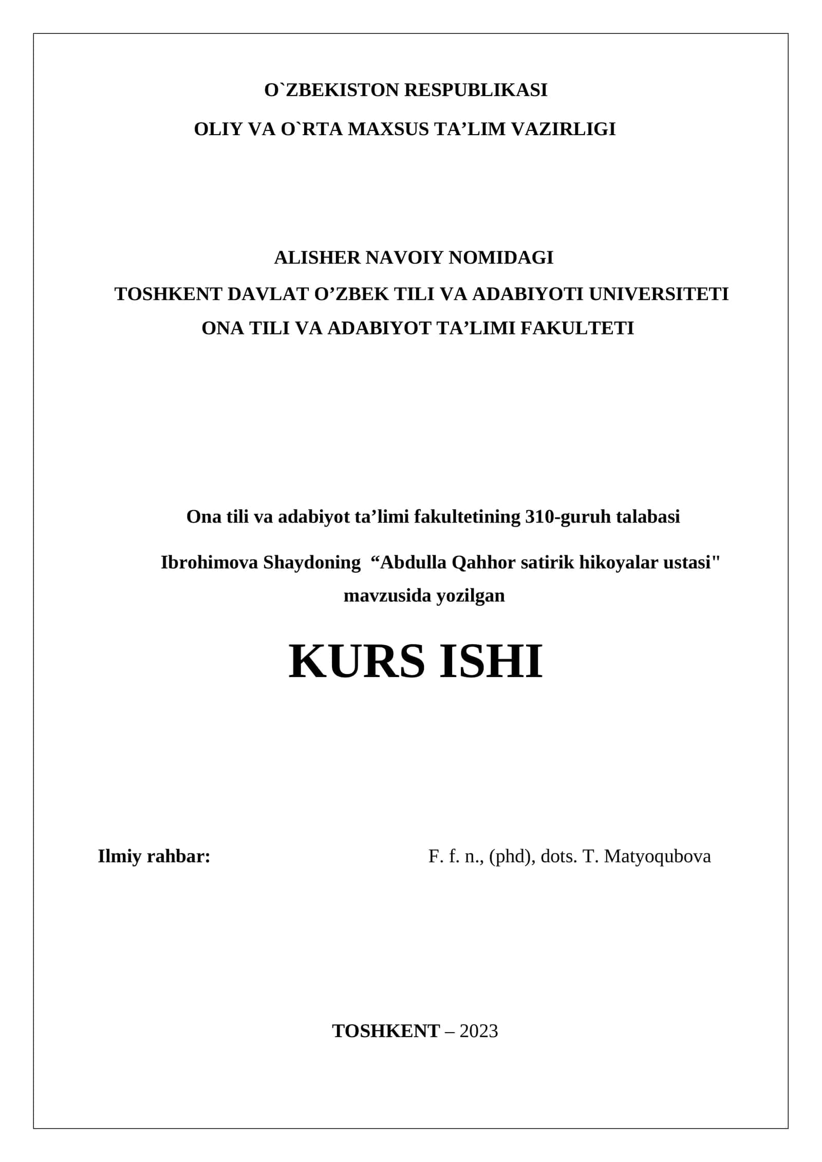 Abdulla Qahhor satirik hikoyalar ustasi KURS ISHI
