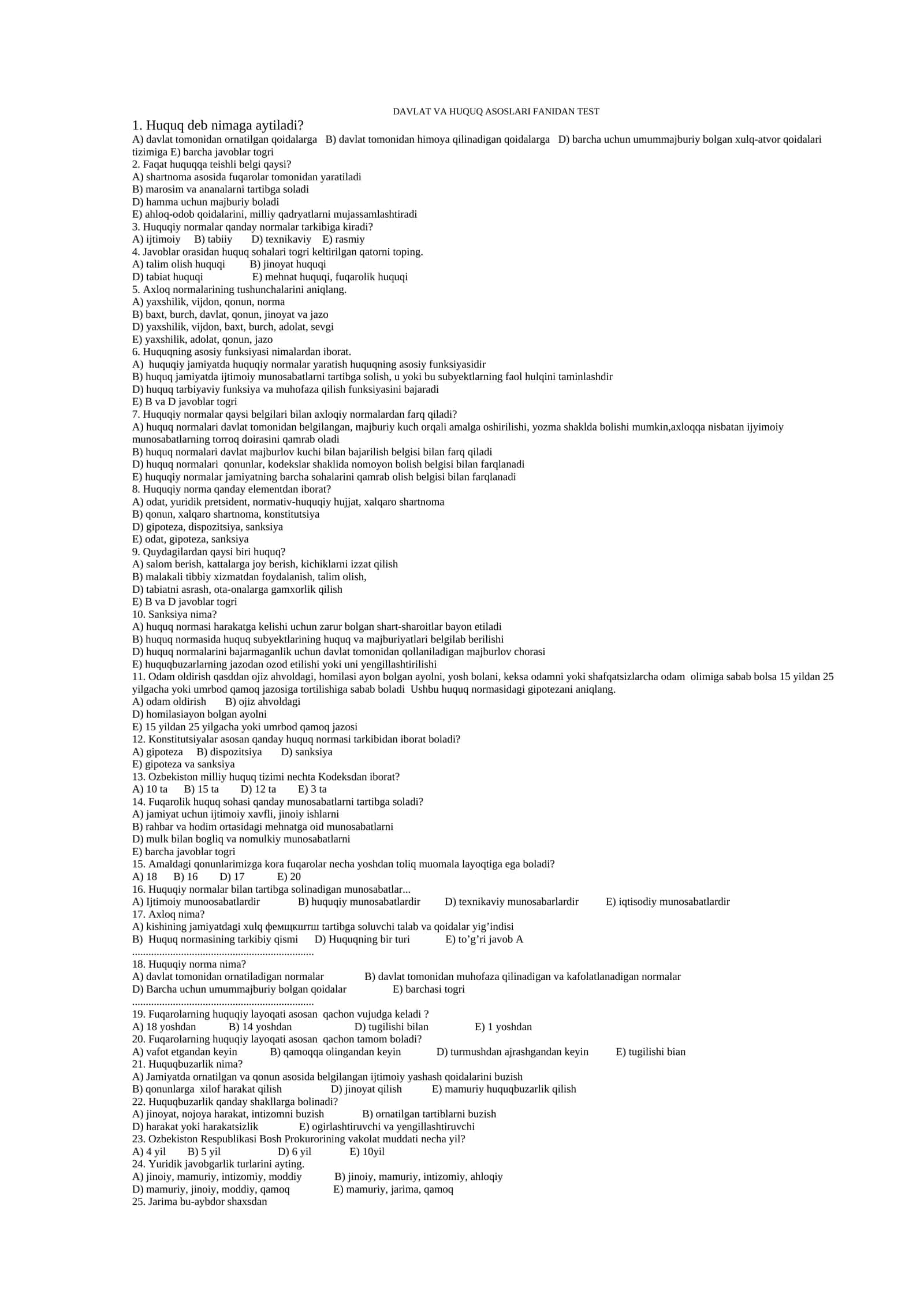 Davlat va huquq asoslari fanidan TEST