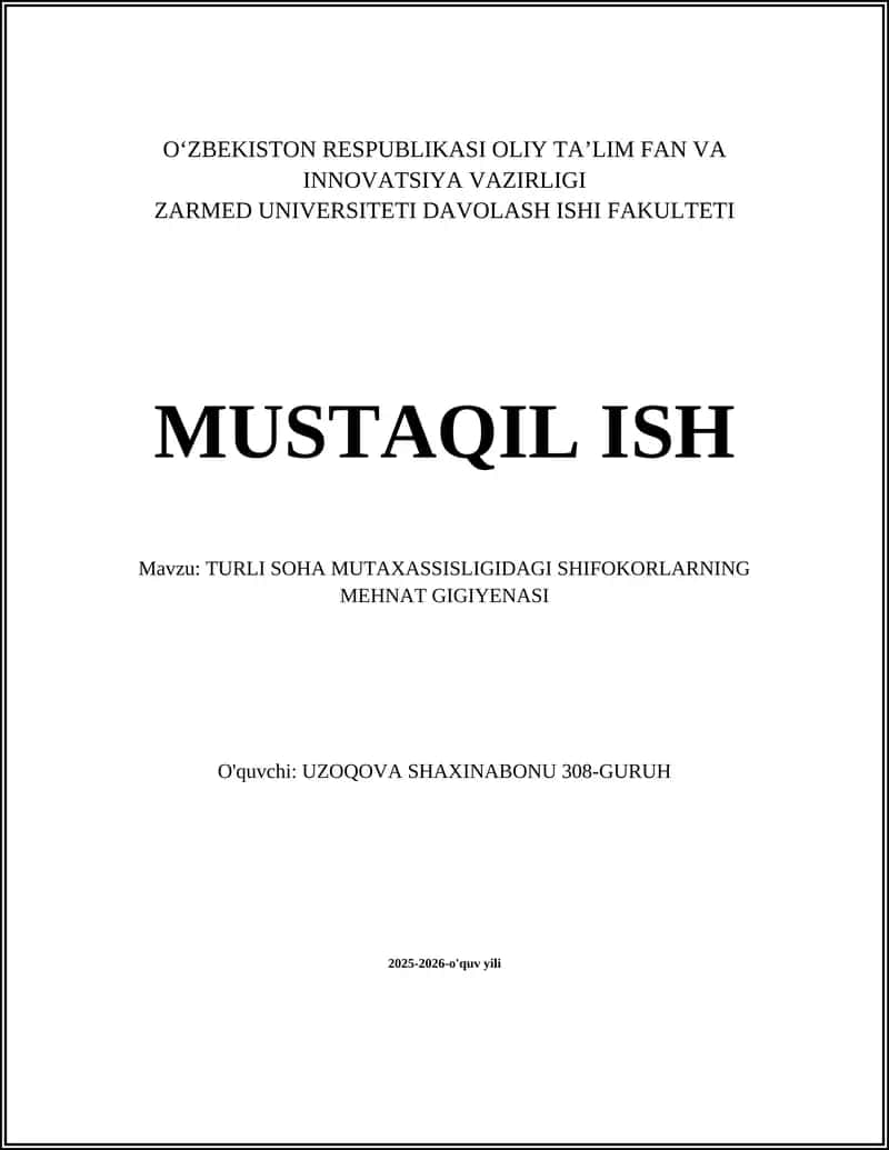 SHIFOKORLARNING MEHNAT GIGIYENASI
