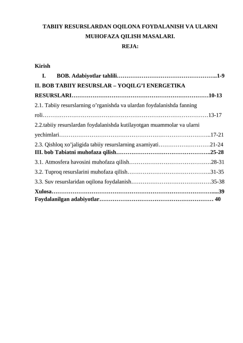 TABIIY RESURSLARDAN OQILONA FOYDALANISH VA ULARNI MUHOFAZA QILISH MASALARI