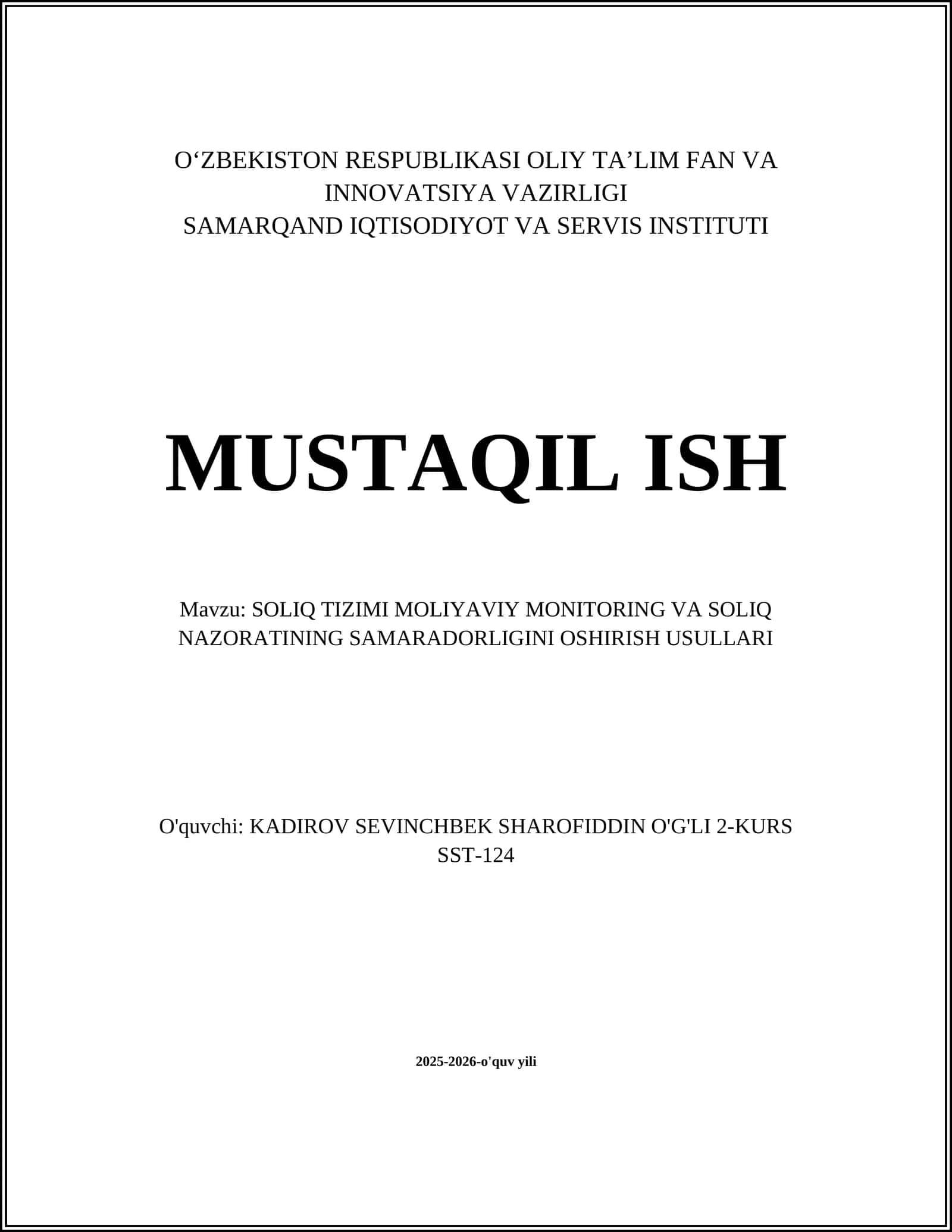 SOLIQ TIZIMI MOLIYAVIY MONITORING VA SOLIQ NAZORATINING SAMARADORLIGINI OSHIRISH USULLARI