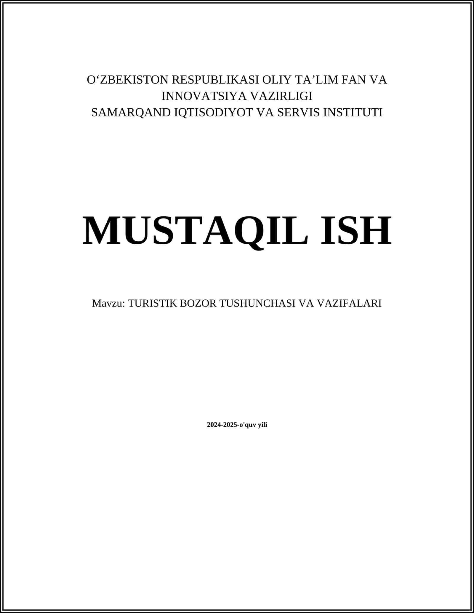 TURISTIK BOZOR TUSHUNCHASI VA VAZIFALARI