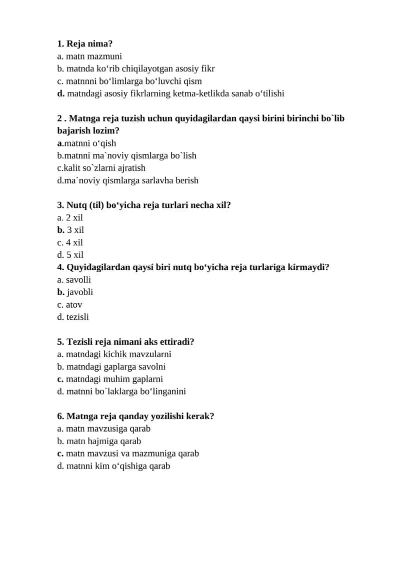 Akademik yozuv fanidan "REFERAT IKKILAMCHI MATN JANR SIFATIDA.. REFERAT TURLARI. REFERATNING TUZILISHI VA TIL KLISHELARI" mavzusida test savollari (javoblari bilan)