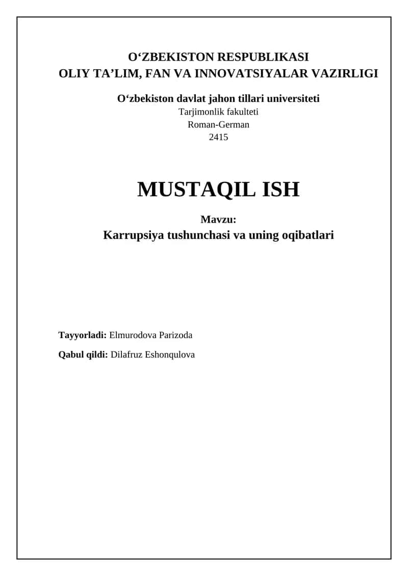 Mavzu: Karrupsiya tushunchasi va uning oqibatlari