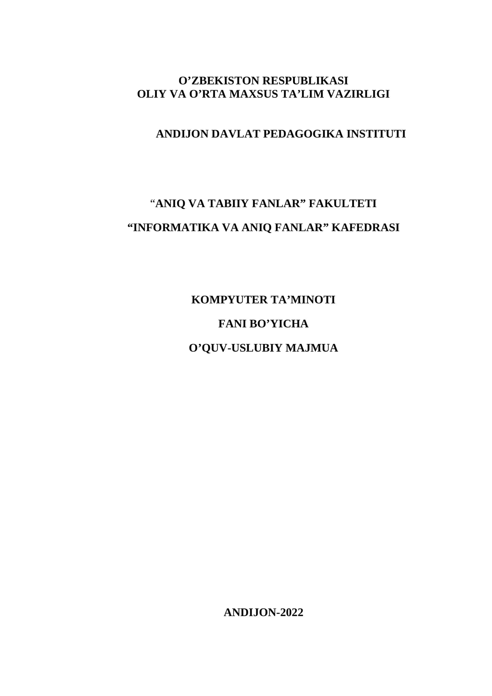 KOMPYUTER TA'MINOTI fani bo’yicha O’QUV – USLUBIY MAJMUA