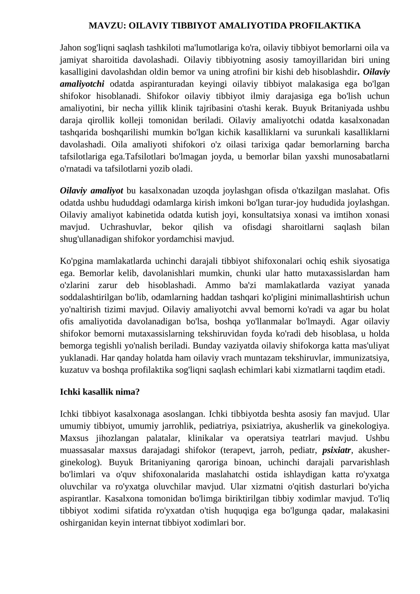 OILAVIY TIBBIYOT AMALIYOTIDA PROFILAKTIKA