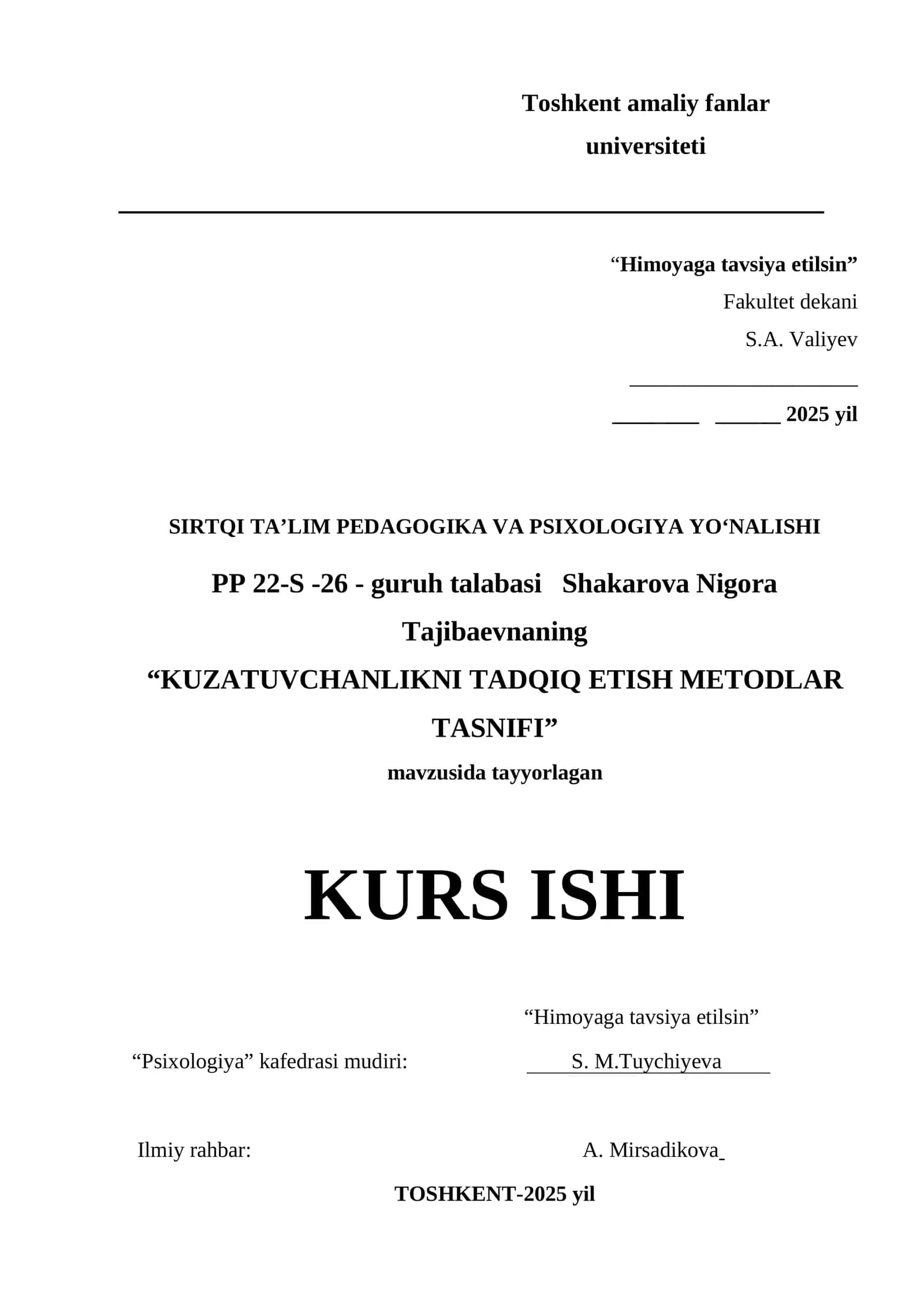 KUZATUVCHANLIKNI TADQIQ ETISH METOD TASNIFI