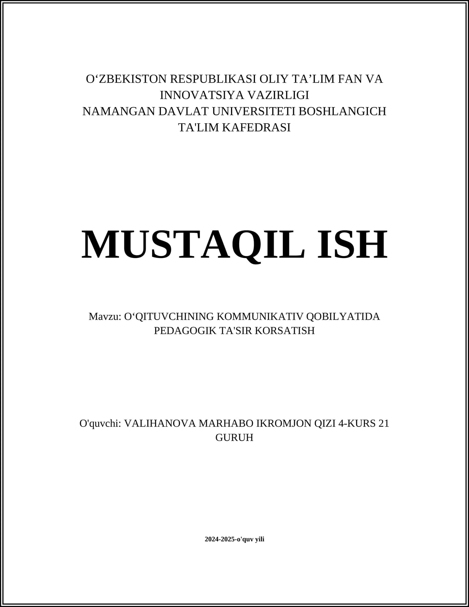 O‘QITUVCHINING KOMMUNIKATIV QOBILYATIDA PEDAGOGIK TA'SIR KORSATISH