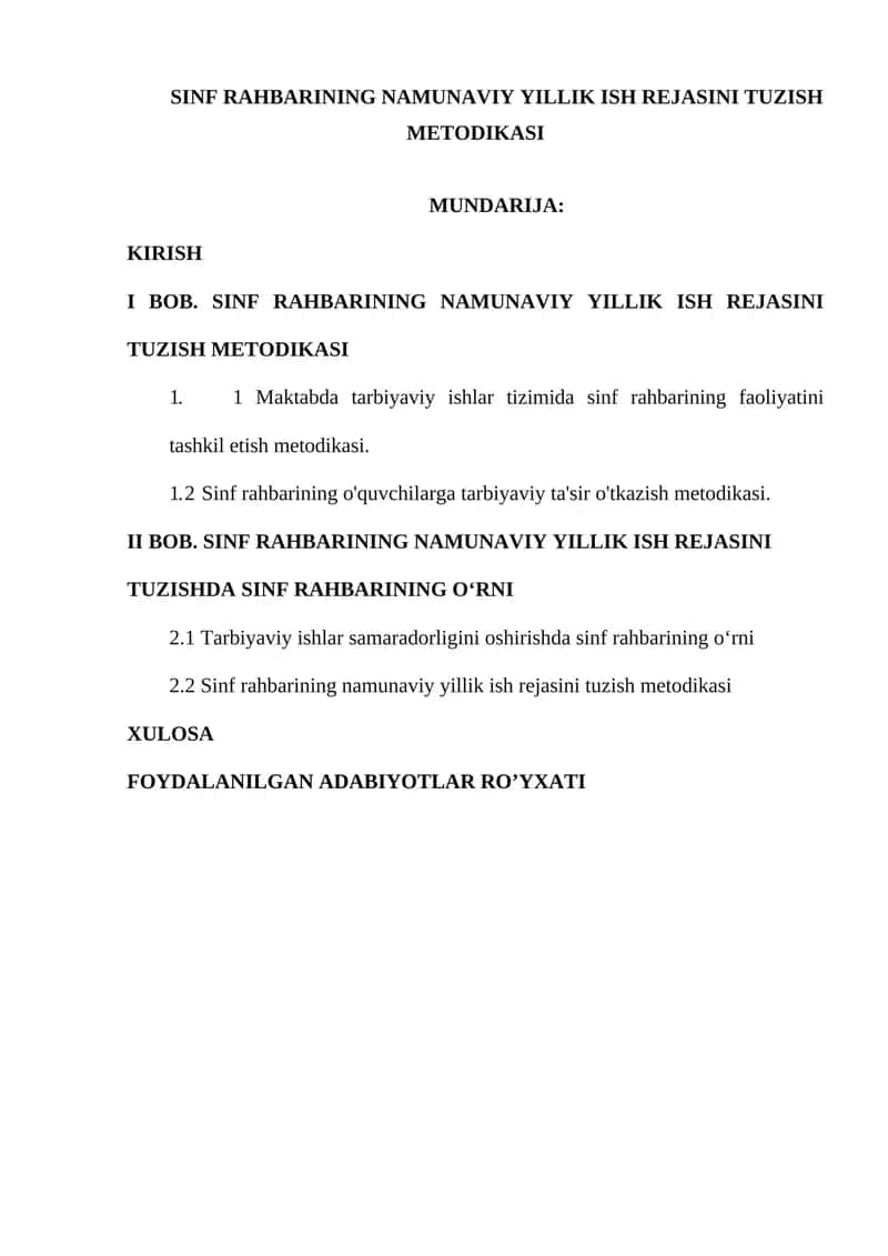 SINF RAHBARINING NAMUNAVIY YILLIK ISH REJASINI TUZISH METODIKASI
