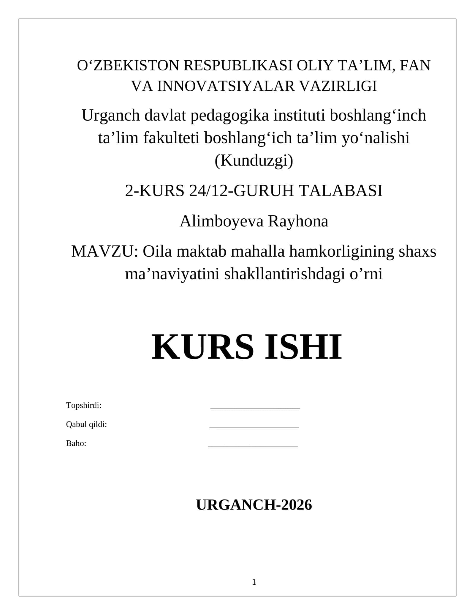 Oila maktab mahalla hamkorligining shaxs ma’naviyatini shakllantirishdagi o’rni