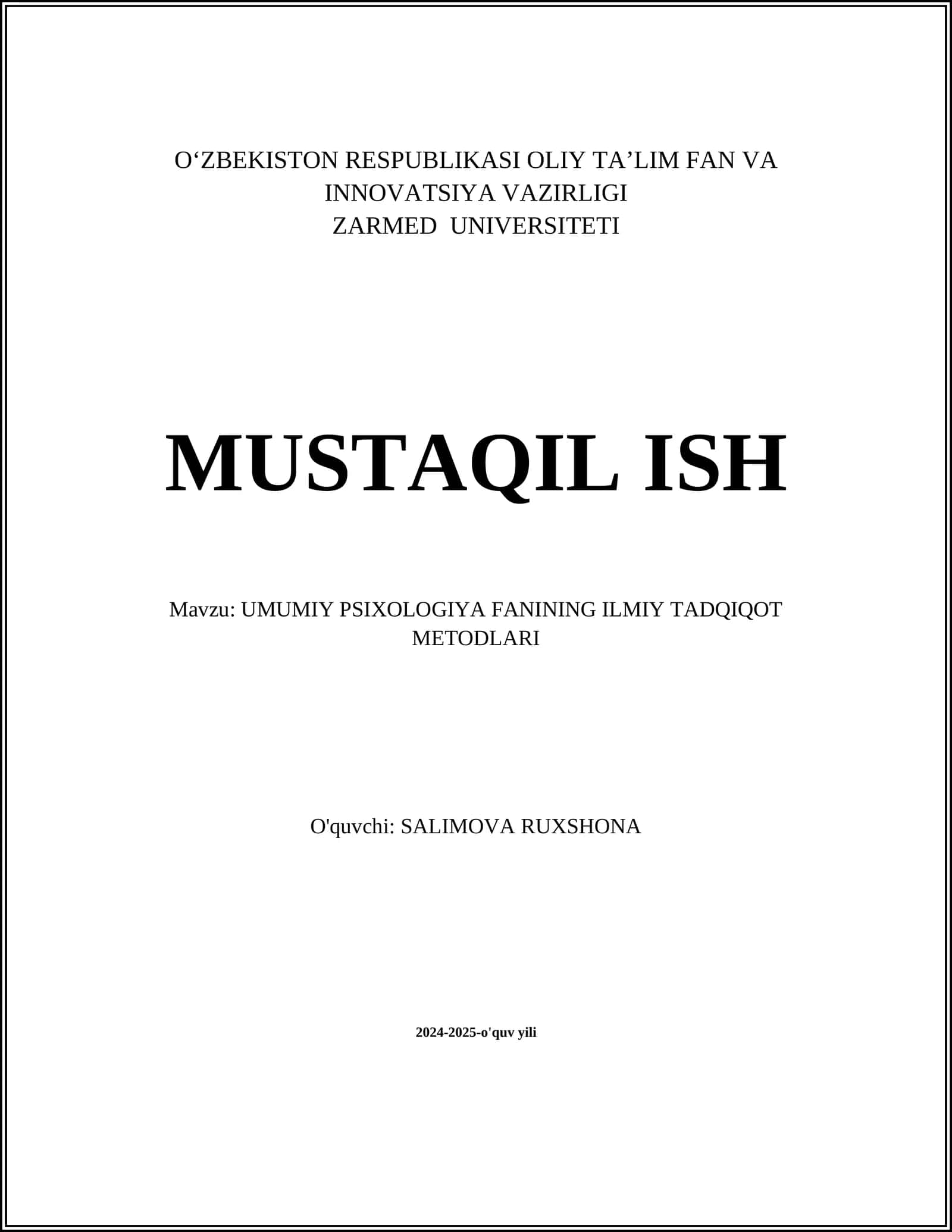 UMUMIY PSIXOLOGIYA FANINING ILMIY TADQIQOT METODLARI