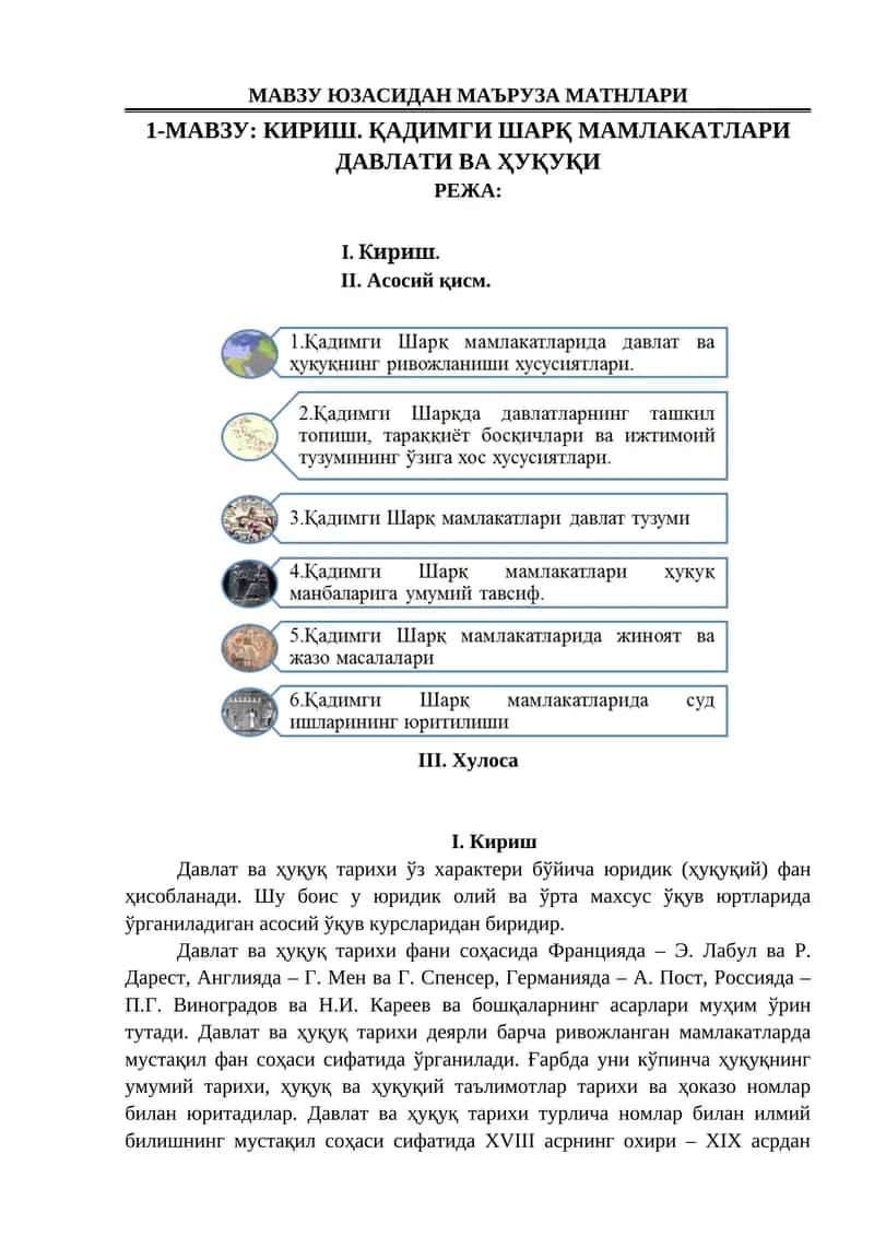 КИРИШ. ҚАДИМГИ ШАРҚ МАМЛАКАТЛАРИ ДАВЛАТИ ВА ҲУҚУҚИ