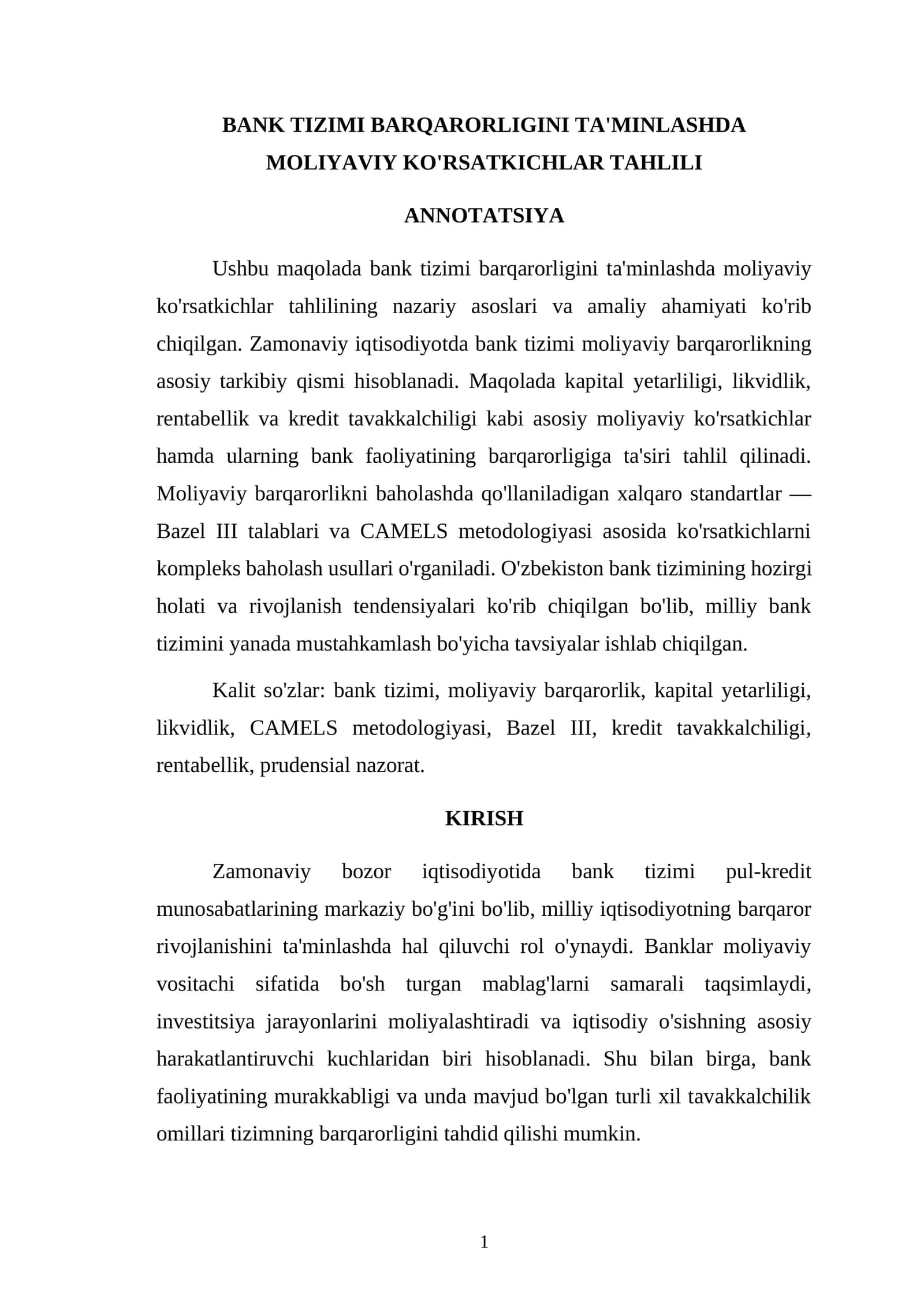 BANK TIZIMI BARQARORLIGINI TA'MINLASHDA MOLIYAVIY KO'RSATKICHLAR TAHLILI