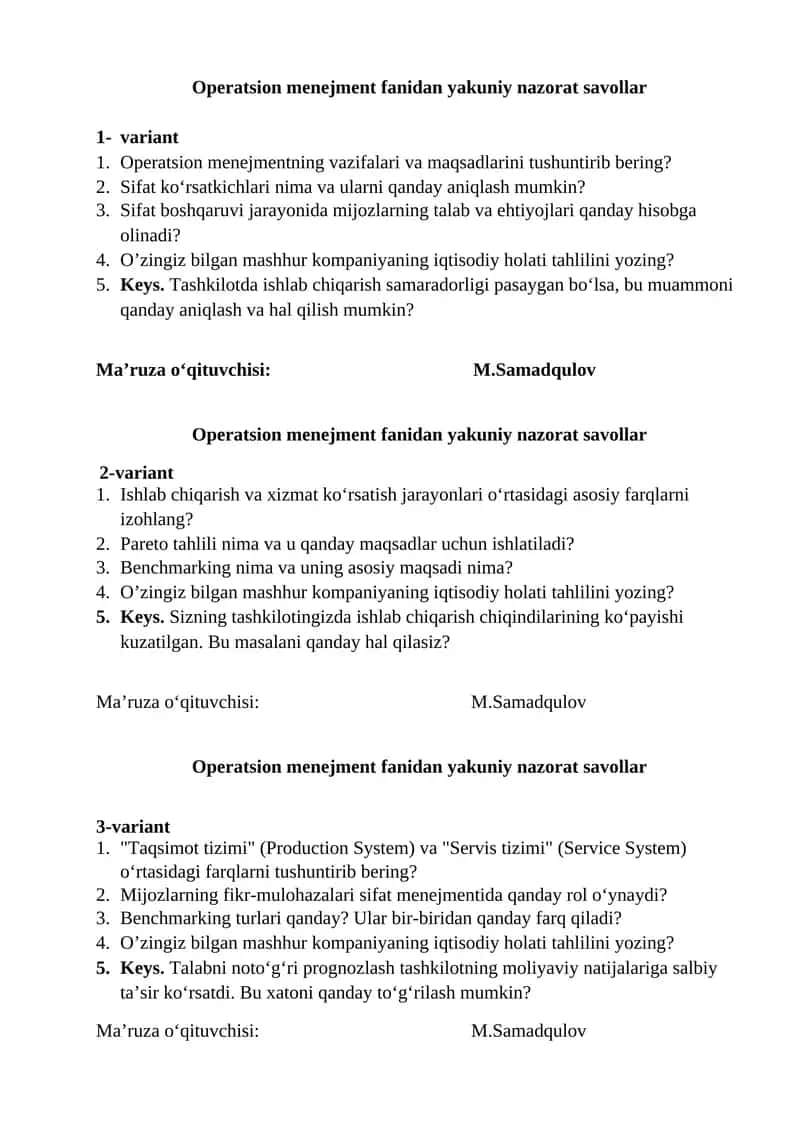 Operatsion menejment fanidan yakuniy nazorat savollar
